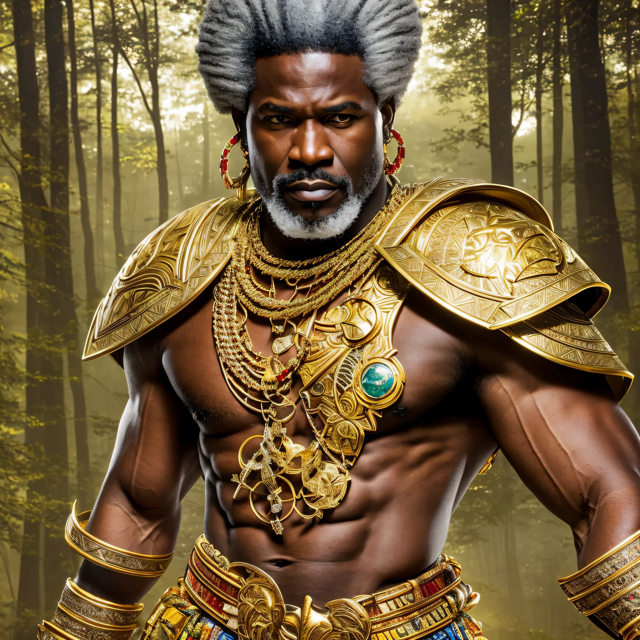 branco_scifi, branco_scifi_v2, portrait of a middle-aged, very hary muscular, handsome and attractive African warrior man, in front of a hazy forest, rich colorful clothes and golden African jewelry, closeup, royal pose and attitude. branco_cinema_v2. --auto --s2