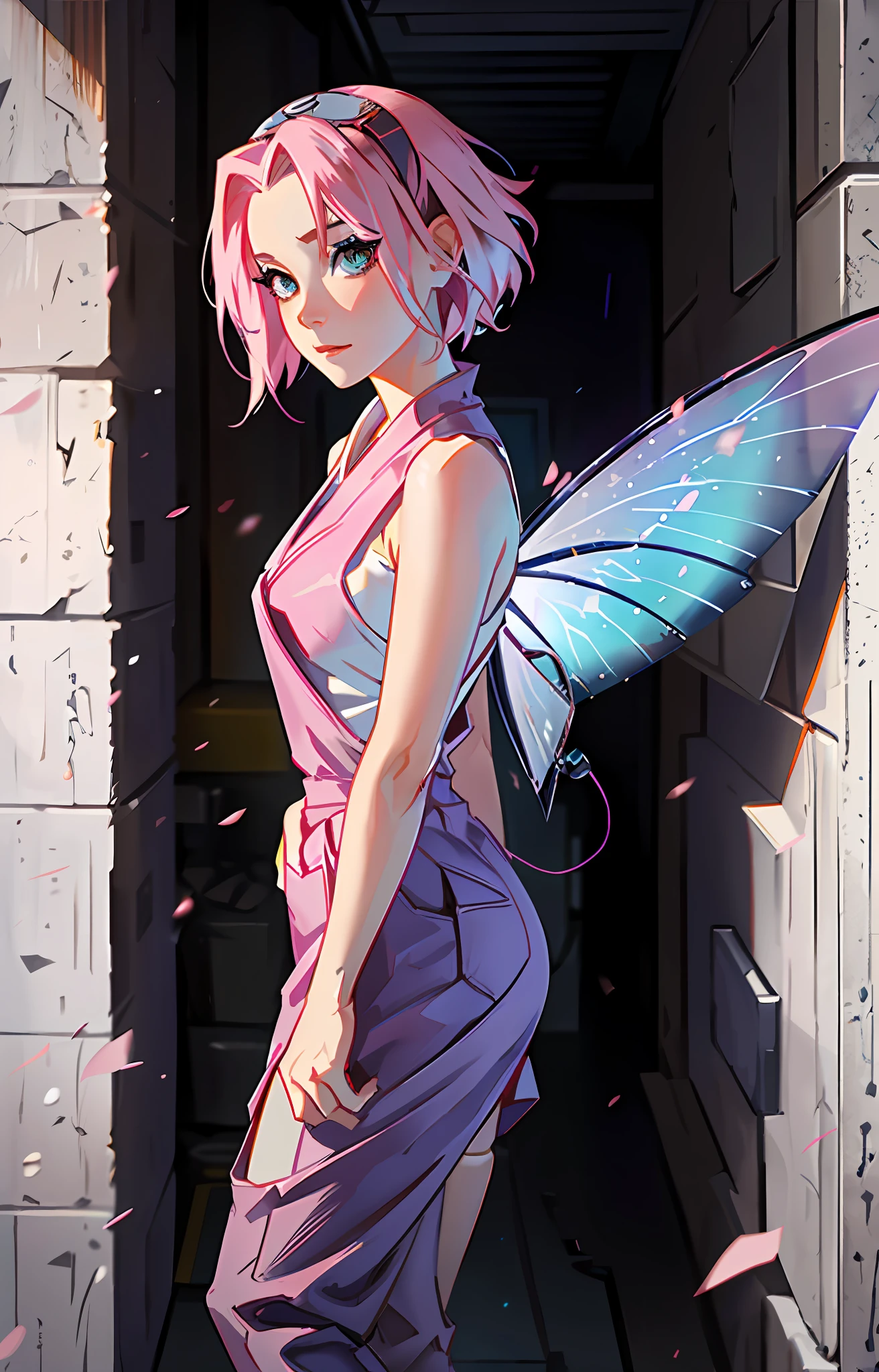 Sakura haruno, ((solo)), alone, ((forehead to show)), elegant,wearing black overalls, pink hair, delicate, young, short hair, detailed face, high definition, ((full body)), (blue rays around her), full body, ((electric)), manipulating thunder in a school,ray fairy, winx club, she is a beautiful woman with thunder wings sticking out of her back, face with high quality, fairy, wings