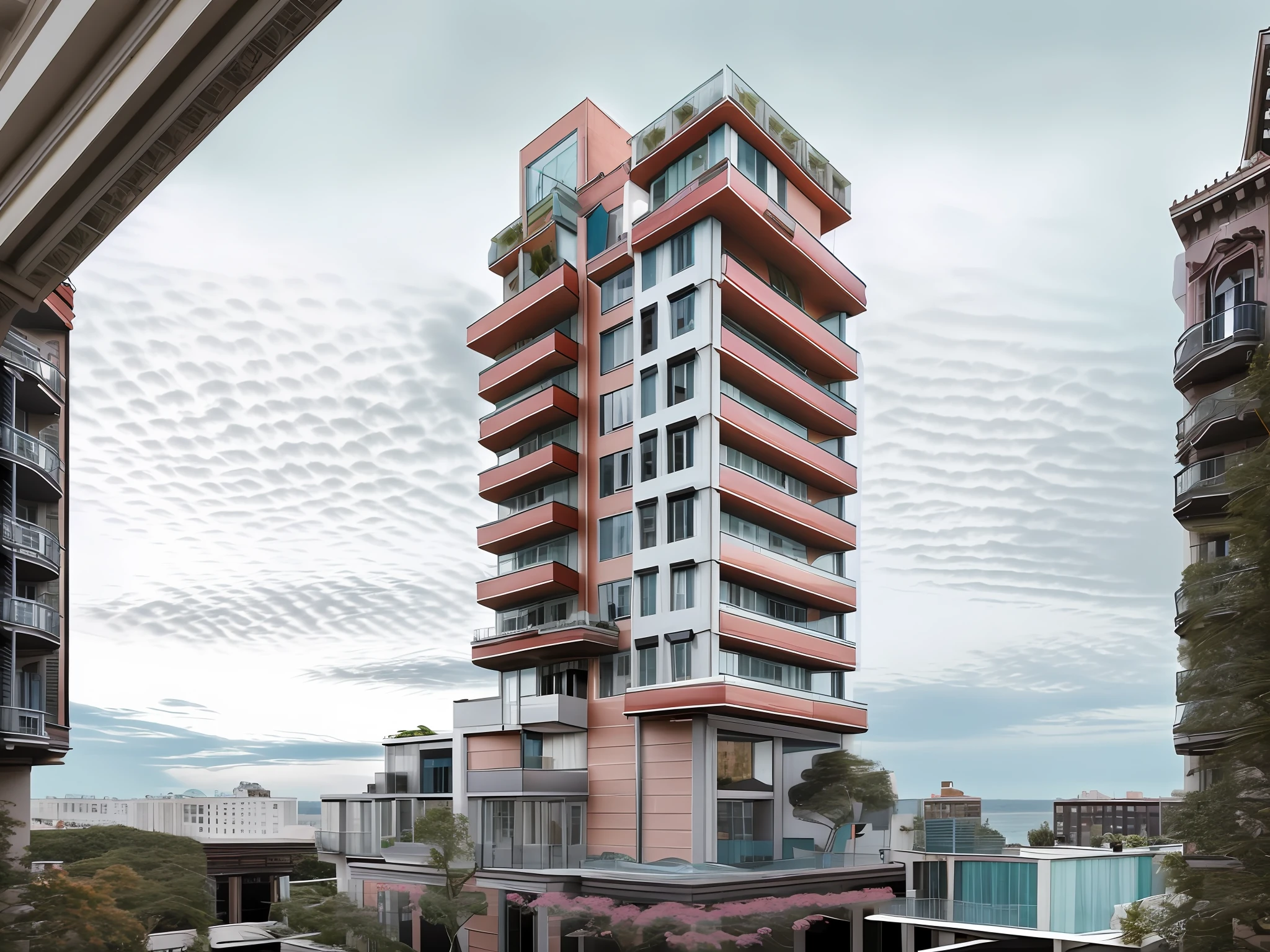 modern condominium tower in singapore with big overhang balcony and tress, Realistic black asphalt street and cars, city street with human and cars, contemporary Singapore apartment, condominium tower with overhang and cutout balcony, cutout balcony with plants and trees,a modern condominium tower with balcony cutout, glass curtain wall, shopping mall in the bottom, beautiful photo, Realistic render, edge and line enhance, shapener, octane render, ray tracing, 16k, ultra HD, Amazing beautiful modern condominium, perspective view, architectural scene, concrete structure exterior, 2 point perspective view, architectural photography, highrise condominium, Kengo Kuma, green balcony, cityscape in background, ray tracing, striped arrangements, wide angle, cloud, tree, skyscraper, blue sky, city, real world location (Image Sharpener:0.7) brutalism,brick wall,red brick,lattice facade,public building, building, house, outdoors, day,best quality, realistic, photorealistic,ultra detailed,16K,High quality texture,intricate details,detailed texture,finely detailed,photo of building , pixels perfect, sharpen edge, edges sharpener, Yaha Hadid