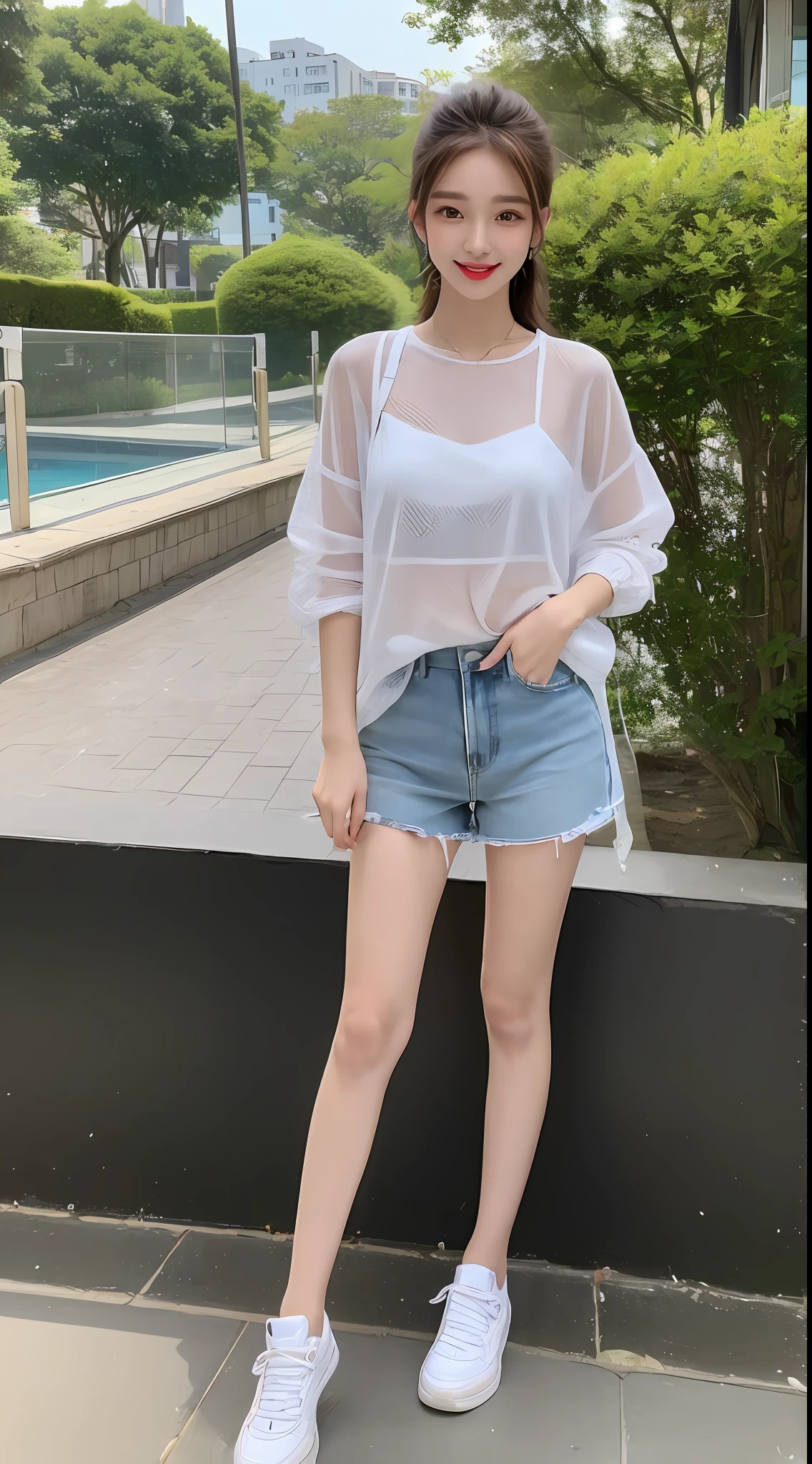 ((Best Quality, 8K, Masterpiece: 1.3)), 1girl, Slender Beauty: 1.3, (Hairstyle Casual, Full Body: 1.2), Mesh Clothes: 1.1, Super Fine Face, Fine Eyes, Double Eyelids, Smile, Outdoor