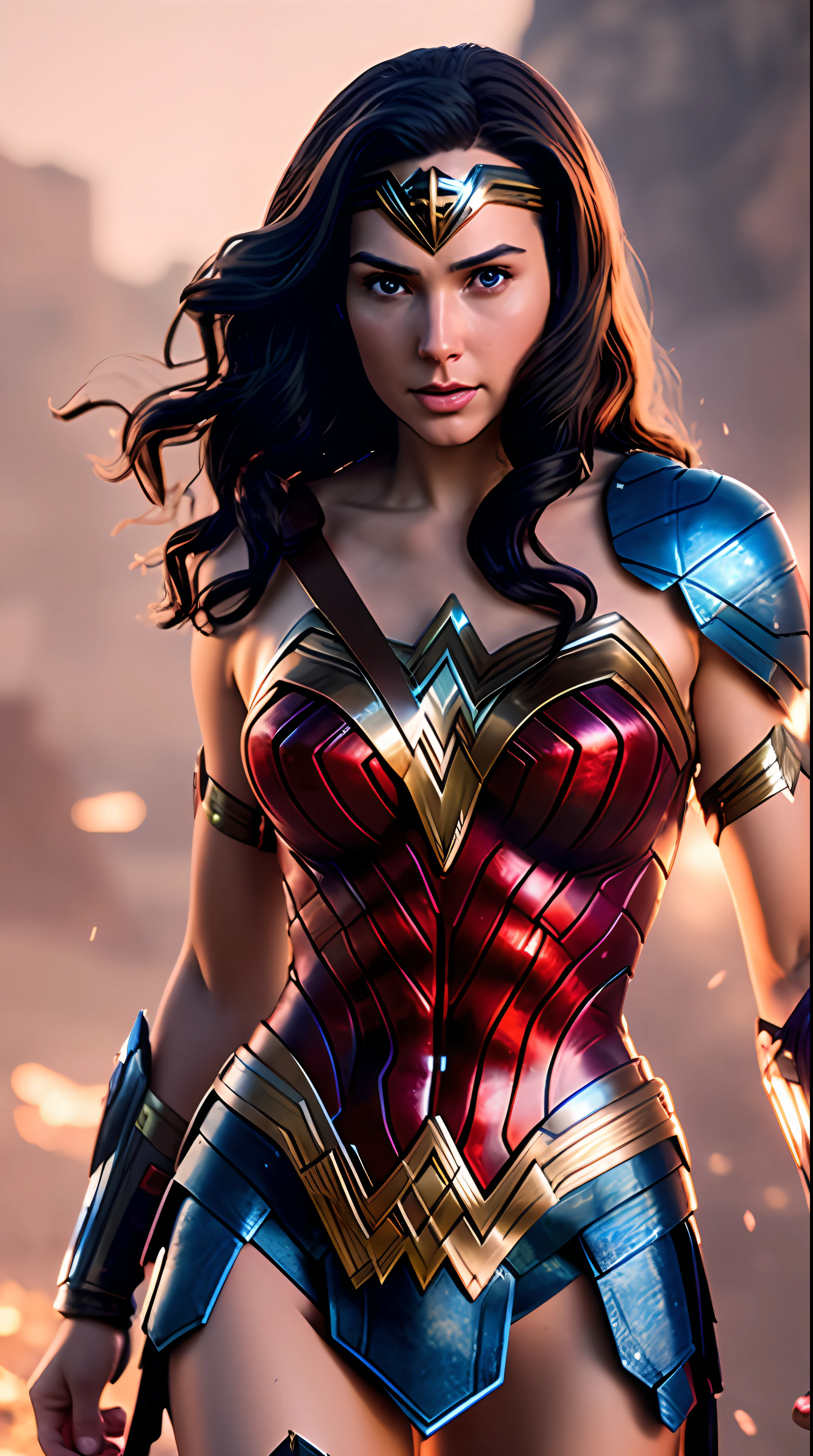 wonder woman, red and blue armor, photography, soft lighting, soft details, octane, artstation trending, ultra high detail, ultra realistic, cinematic,16k
