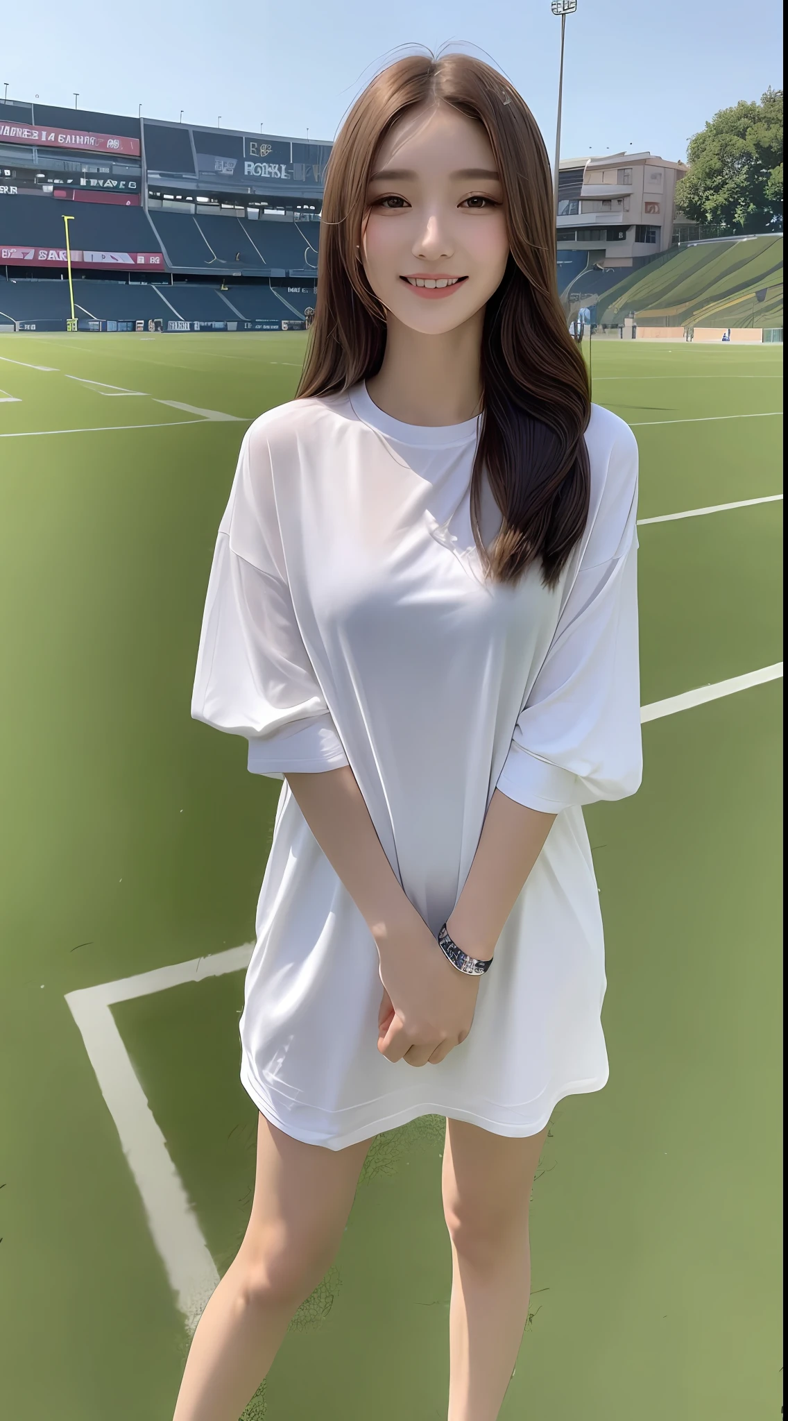 ((Best Quality, 8K, Masterpiece: 1.3)), 1girl, Slender Beauty: 1.3, (Hairstyle Casual, Full Body: 1.2), Clear Clothes: 1.1, Super Fine Face, Delicate Eyes, Double Eyelids, Smile, On the Football Field