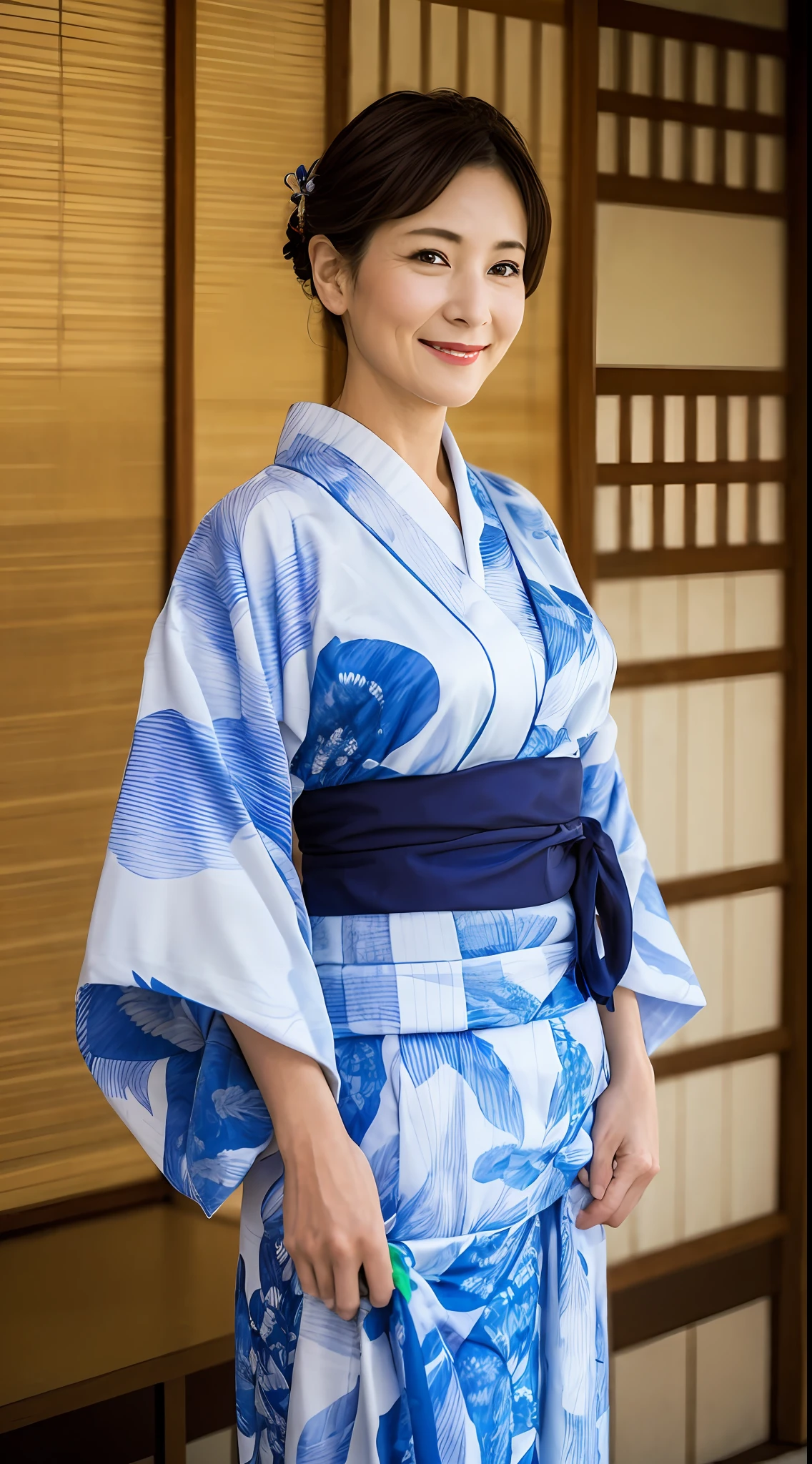 masterpiece, top quality, higher, (mature_female_lady: 1), late 40s, yukata, kimono, big,