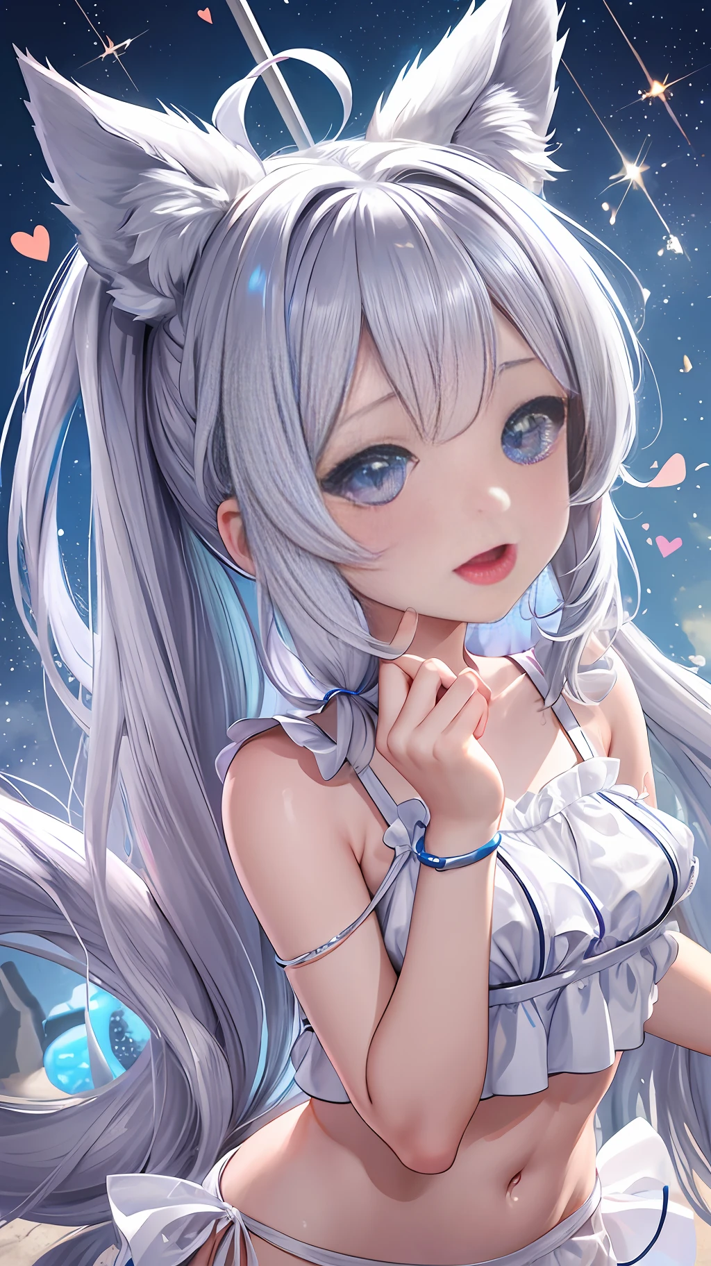 Juvenile loli, cute, silver long hair, dull hair, ponytail, blue eyes, looking at the light in both hands, a hint of laughter, fox ears, nine fox tails, white silk, high resolution, blush, heart-shaped pupils, heart-shaped, loli, cute, dripping face, sticking out tongue, swimsuit, whole body --auto --s2