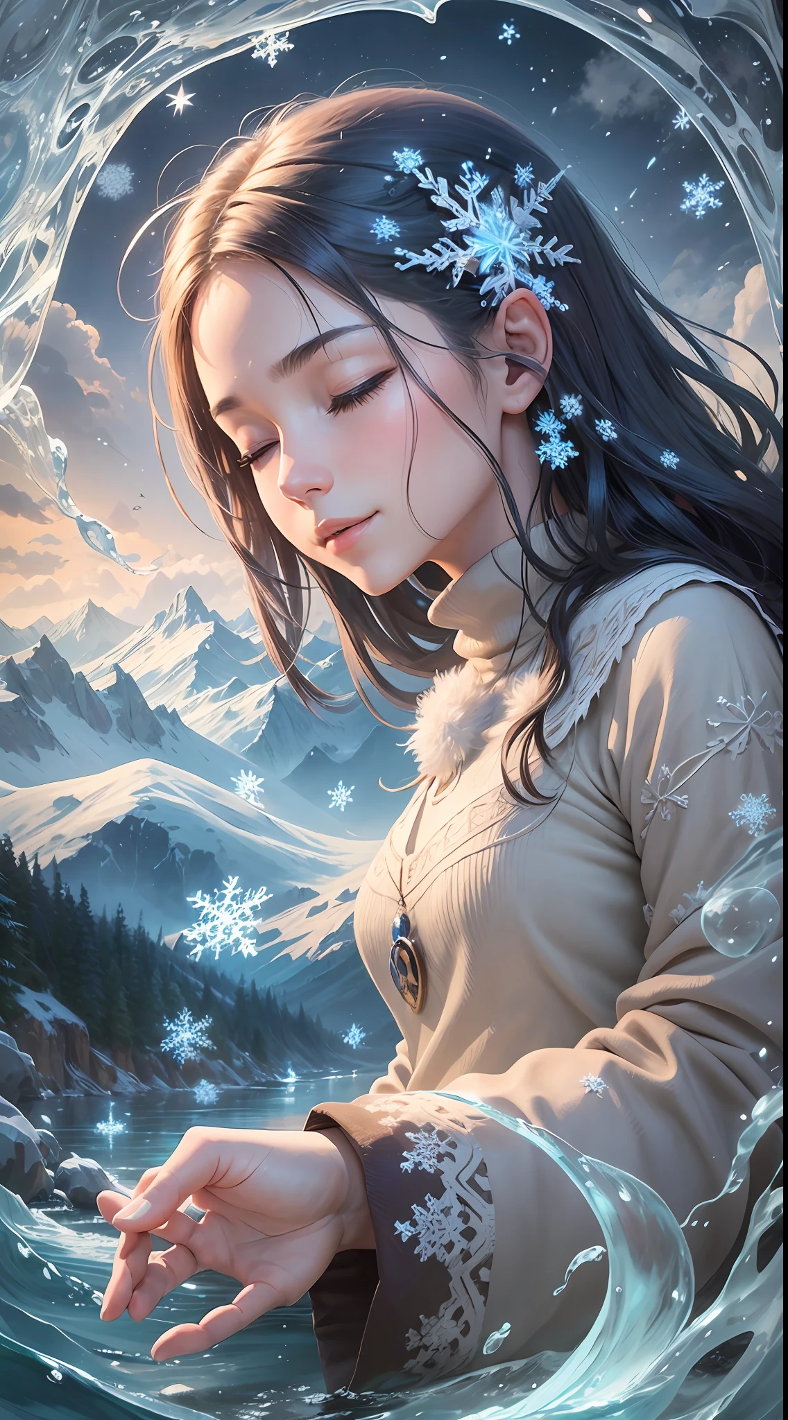 In the picture, you can depict snowflakes flying in the sky, rivers flowing slowly, clear and vast skies, mountains and mountains, deep and mysterious forests, as well as small bridges and flowing water, temple ruins and other scenes, creating a clear and poetic feeling.
In order to better express the emotions of pursuing fairyland advocated in poetry, the painter can set the figure at the highest point of the background of the picture, expressing human awe and gratitude for the forces of nature. Shape your character as you please, such as smiling softly, or closing your eyes and holding elements such as pen and ink or ink treasure to add layers and details to the picture. It not only emphasizes nature, but also expresses the beautiful vision of coexistence and harmony between human beings and nature, presenting the mysterious atmosphere of "snowflakes flying", so that the audience is not only immersed in the natural beauty but also feels the warmth of humanistic emotions when appreciating. --auto --s2