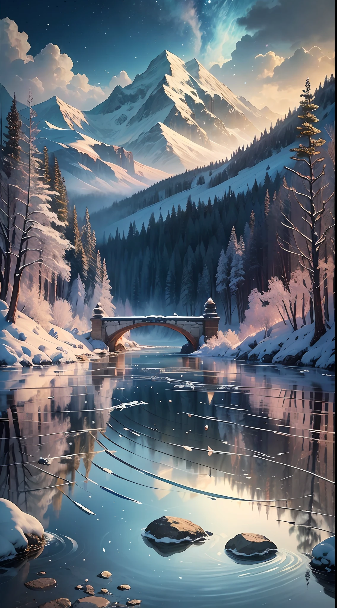 In the picture, you can depict snowflakes flying in the sky, rivers flowing slowly, clear and vast skies, mountains and mountains, deep and mysterious forests, as well as small bridges and flowing water, temple ruins and other scenes, creating a clear and poetic feeling.
In order to better express the emotions of pursuing fairyland advocated in poetry, the painter can set the figure at the highest point of the background of the picture, expressing human awe and gratitude for the forces of nature. Shape your character as you please, such as smiling softly, or closing your eyes and holding elements such as pen and ink or ink treasure to add layers and details to the picture. It not only emphasizes nature, but also expresses the beautiful vision of coexistence and harmony between human beings and nature, presenting the mysterious atmosphere of "snowflakes flying", so that the audience is not only immersed in the natural beauty but also feels the warmth of humanistic emotions when appreciating. --auto --s2