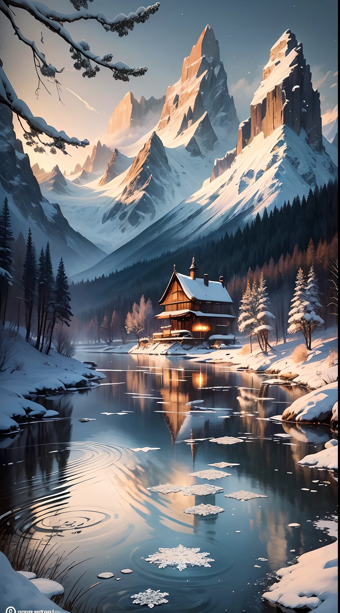 In the picture, you can depict snowflakes flying in the sky, rivers flowing slowly, clear and vast skies, mountains and mountains, deep and mysterious forests, as well as small bridges and flowing water, temple ruins and other scenes, creating a clear and poetic feeling.
In order to better express the emotions of pursuing fairyland advocated in poetry, the painter can set the figure at the highest point of the background of the picture, expressing human awe and gratitude for the forces of nature. Shape your character as you please, such as smiling softly, or closing your eyes and holding elements such as pen and ink or ink treasure to add layers and details to the picture. It not only emphasizes nature, but also expresses the beautiful vision of coexistence and harmony between human beings and nature, presenting the mysterious atmosphere of "snowflakes flying", so that the audience is not only immersed in the natural beauty but also feels the warmth of humanistic emotions when appreciating. --auto --s2