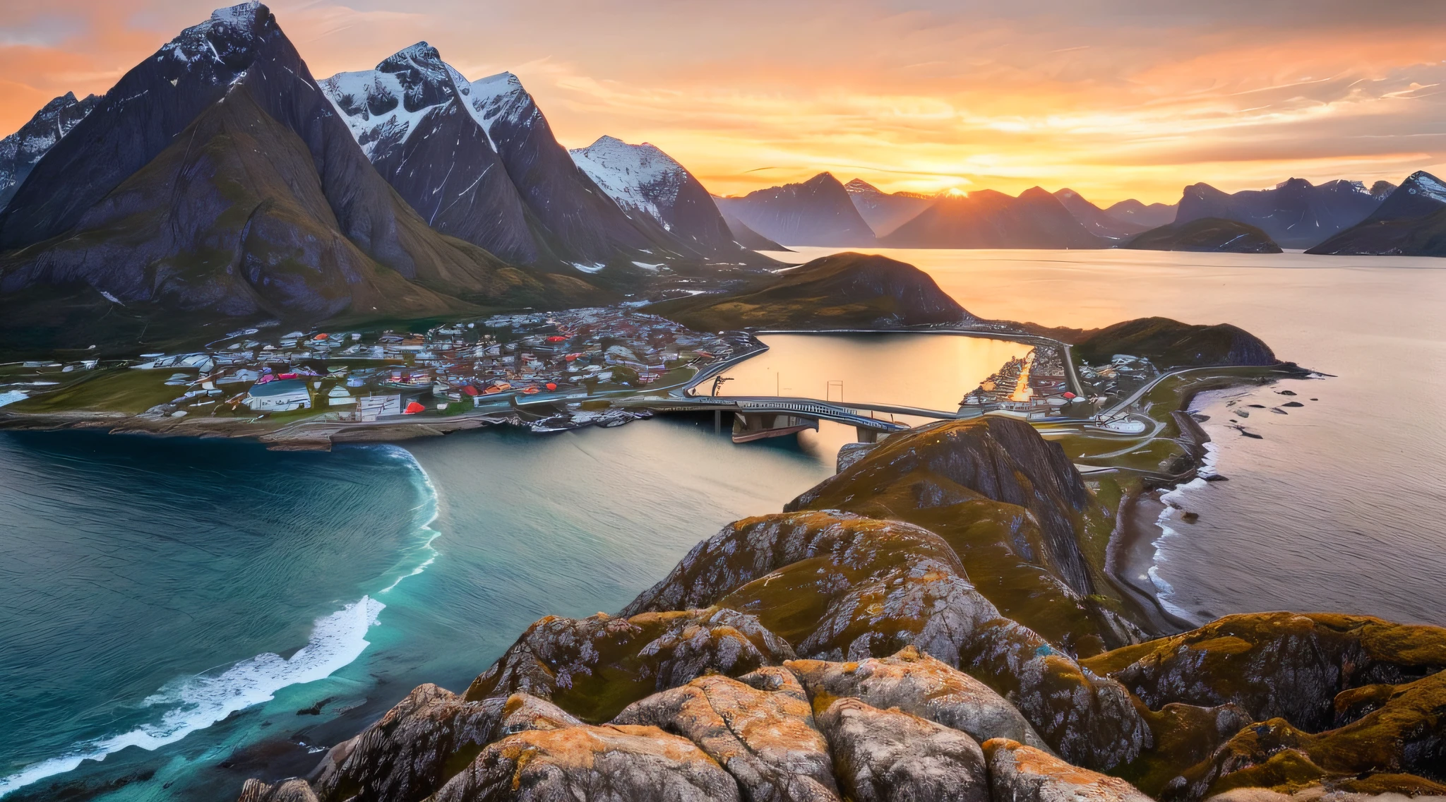 masterpiece,photography of Lofoten,realistic,4k,extremely detailed,award-winning,most stunning,(sunset)
