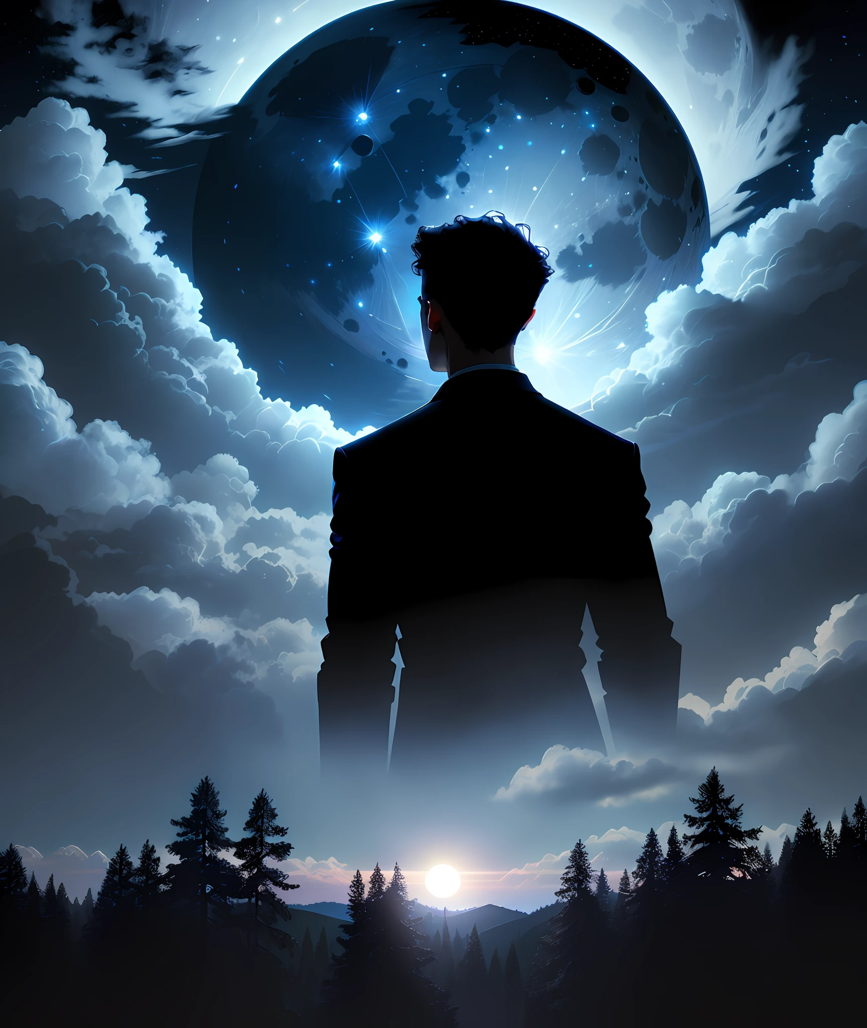 (extremely detailed, best quality, masterpiece, image depth) Silhouette of a man on his back, intensely admiring a beautiful blue moon above his head. The moon is surrounded by mysterious clouds and the silhouette is positioned in an open place with foliage and trees around it. The scenery is dark and the highlight is the bright and intense moon. Volumetric light illuminates the scene, creating a magical feeling.