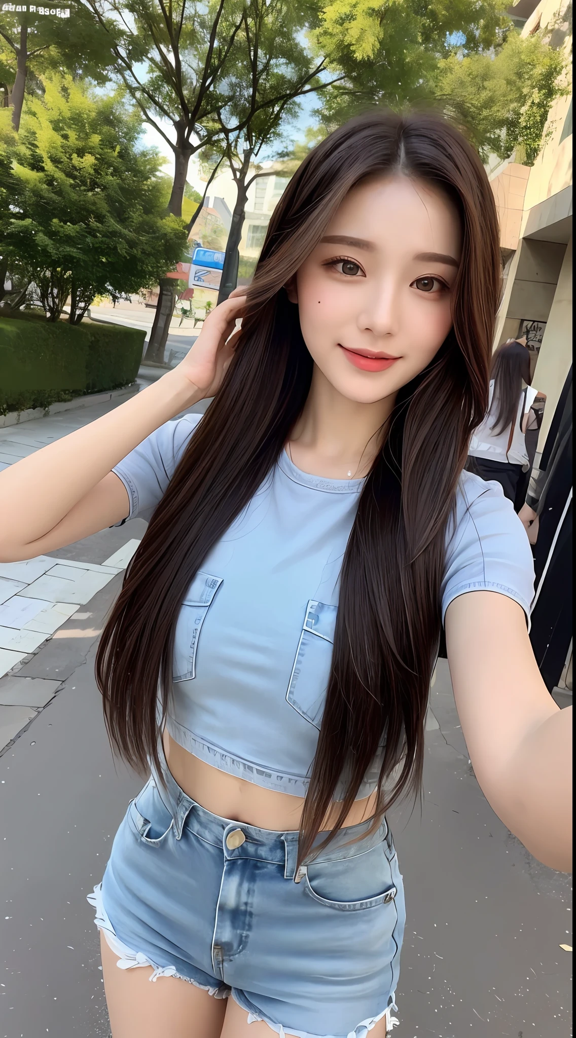 ((Best Quality, 8K, Masterpiece: 1.3)), 1girl, Slender Beauty: 1.3, (Hairstyle Casual, Full Body: 1.2), Belly Pocket: 1.1, Super Fine Face, Fine Eyes, Double Eyelids, Smile, Outdoor