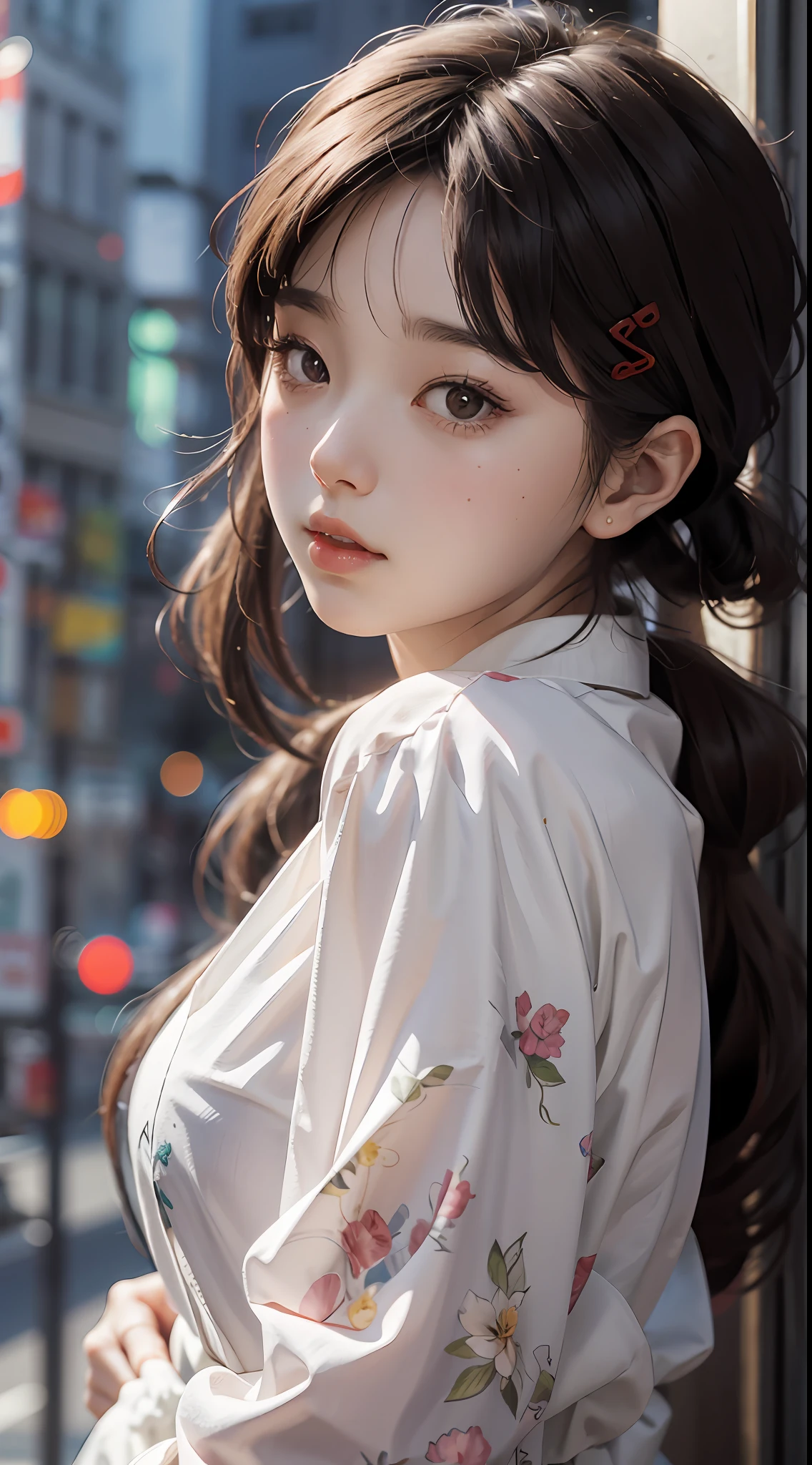 (best-quality:0.8), (best-quality:0.8), perfect anime illustration, extremely close-up beauty passing through the city, plump body, facial features like IU