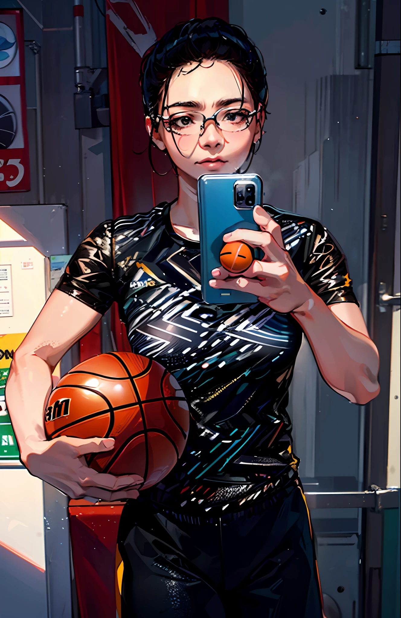 ((Best Quality, 8k, Masterpiece: 1.3)), taking selfies with a mobile phone with a basketball, height 130 cm, wearing a basketball jersey, she is about , beautiful girl, Asian, glasses, idol, third grade