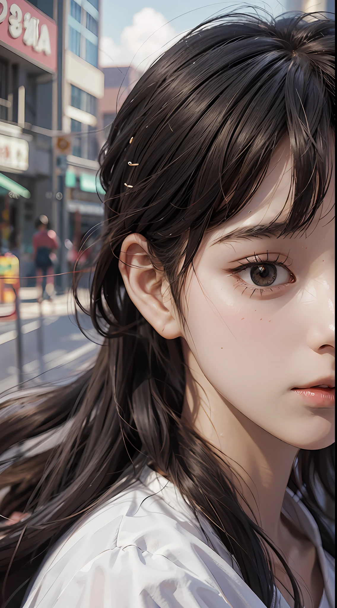 (best-quality:0.8), (best-quality:0.8), perfect anime illustration, extremely close-up beauty passing through the city, plump body, facial features like IU