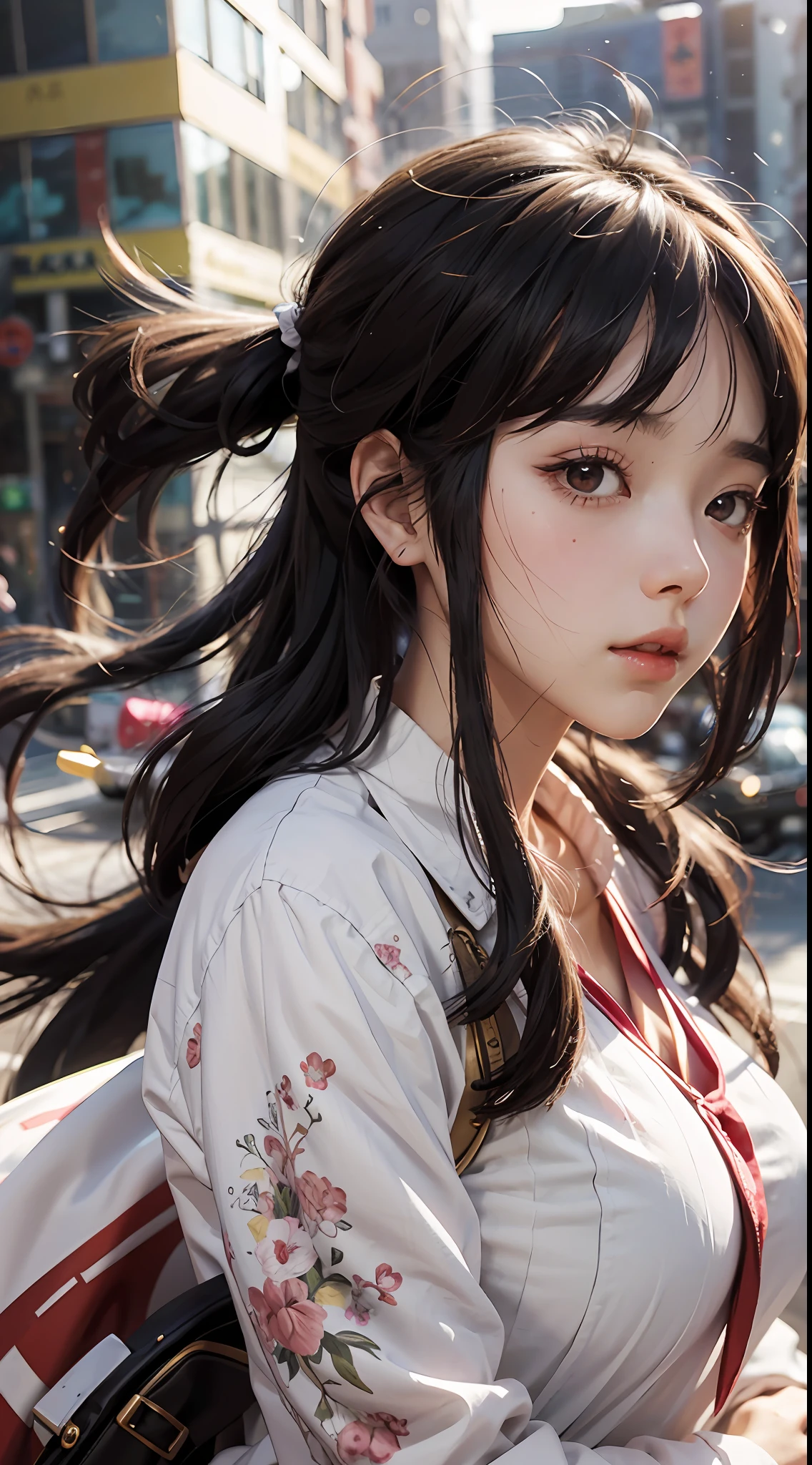 (best-quality:0.8), (best-quality:0.8), perfect anime illustration, extremely close-up beauty passing through the city, plump body, facial features like IU