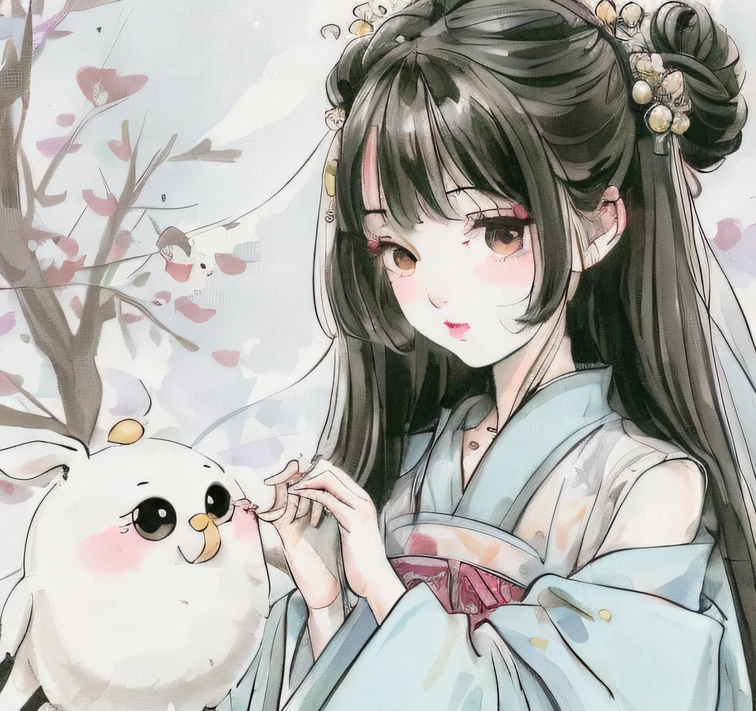 Specific design solutions for anime characters:
Character Type: 
Clothing: Hanfu
Style: cute
Elements: Ancient Chinese motifs
Physical features: round face, large eyes, slender eyebrows
Hairstyle: Wavy black hair that can be bunned into a bun or naturally drooped
Clothing color: light pink, light blue, soft green and other light colors
Clothing features: gorgeous placket, loose sleeves, intricate details
Patterns: cloud patterns, flowers and birds, cranes and other ancient Chinese patterns
Accessories: hair accessories (such as hairpins decorated with flowers or gemstones), thin belts (tonal or contrasting)
Expressions: Smiling, innocent, eyes full of curiosity and warmth
These keywords will help portray the character image of a cute little girl exquisite Hanfu with ancient Chinese motifs embroidered on her clothing. She has a round face, big eyes, and slender eyebrows, and her hairstyle is slightly wavy black hair. Her expression is bright and friendly, making people feel her vitality and beauty. The overall design aims to show the combination of ancient Chinese elements and cute images to create an image that is warm, culturally distinctive and affinity.