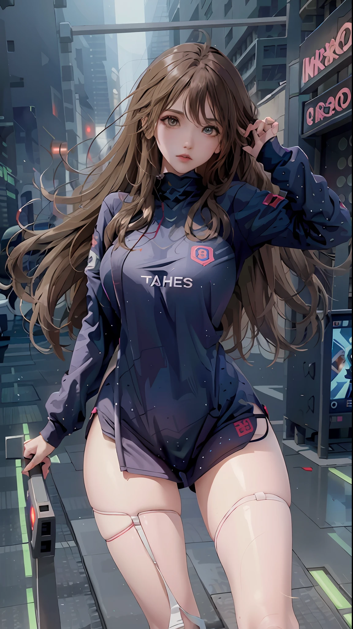 Control girl with cyberpunk prosthetics in single panties, long hair, spaceship inside, futuristic style, sci-fi, ultra-detailed, laser in center, laser from the sky, energy clot, light realism, surrealism, acceleration, light flash, speed, painting, 8K, hd, super resolution, movies, long exposure, 8K, hd, super resolution, laser, clothes wrapped around hips, leaking arms