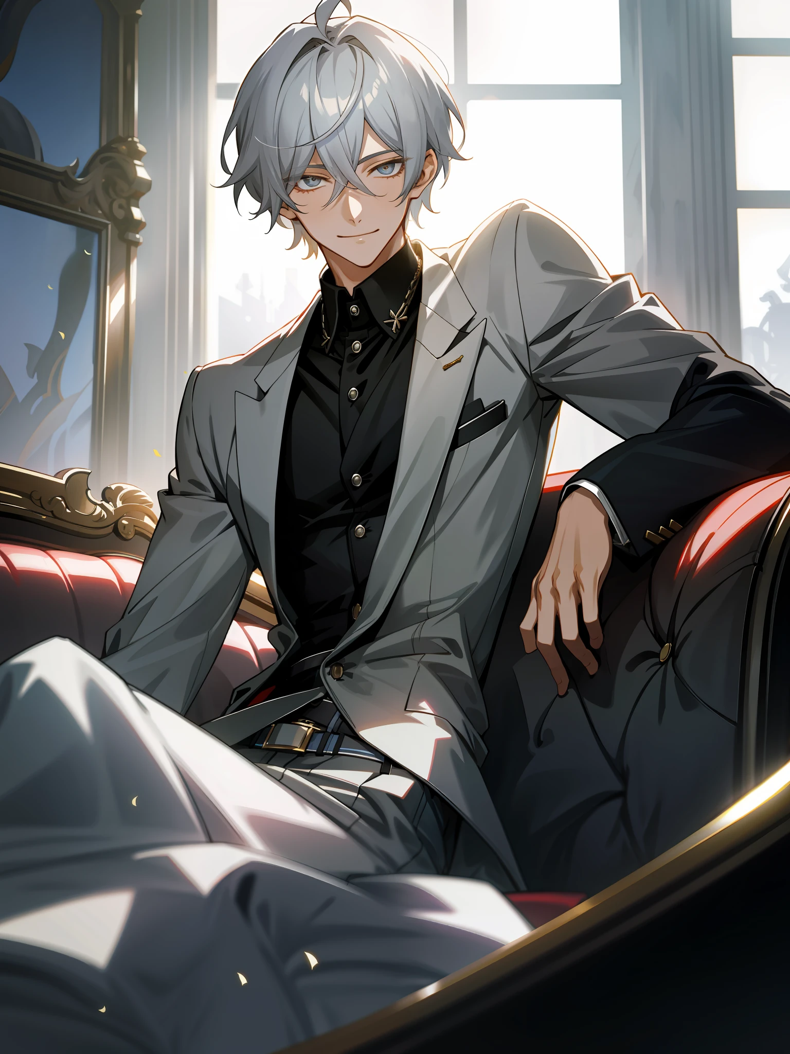 man, silver hair, wear unbuttoned shirt, sit on sofa in room, open legs, archaic smile, upper body, solo, shredded, ((ikemen)), bishounen, ((slanted eyes)), big nose, oval-face, highly detailed, high-key, clothes and hair reflecting light, dramatic lighting, rim light, mobile game male characters, official art, game illustration, (anime)