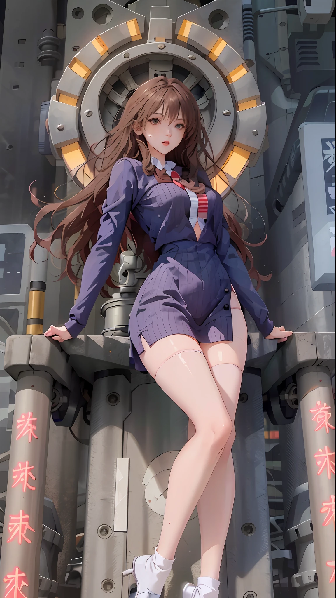 Woman's body, perfect body proportions, stockings, machinery, fishnet socks, mecha, clothes wrapped around the hips, leaking out of the arms