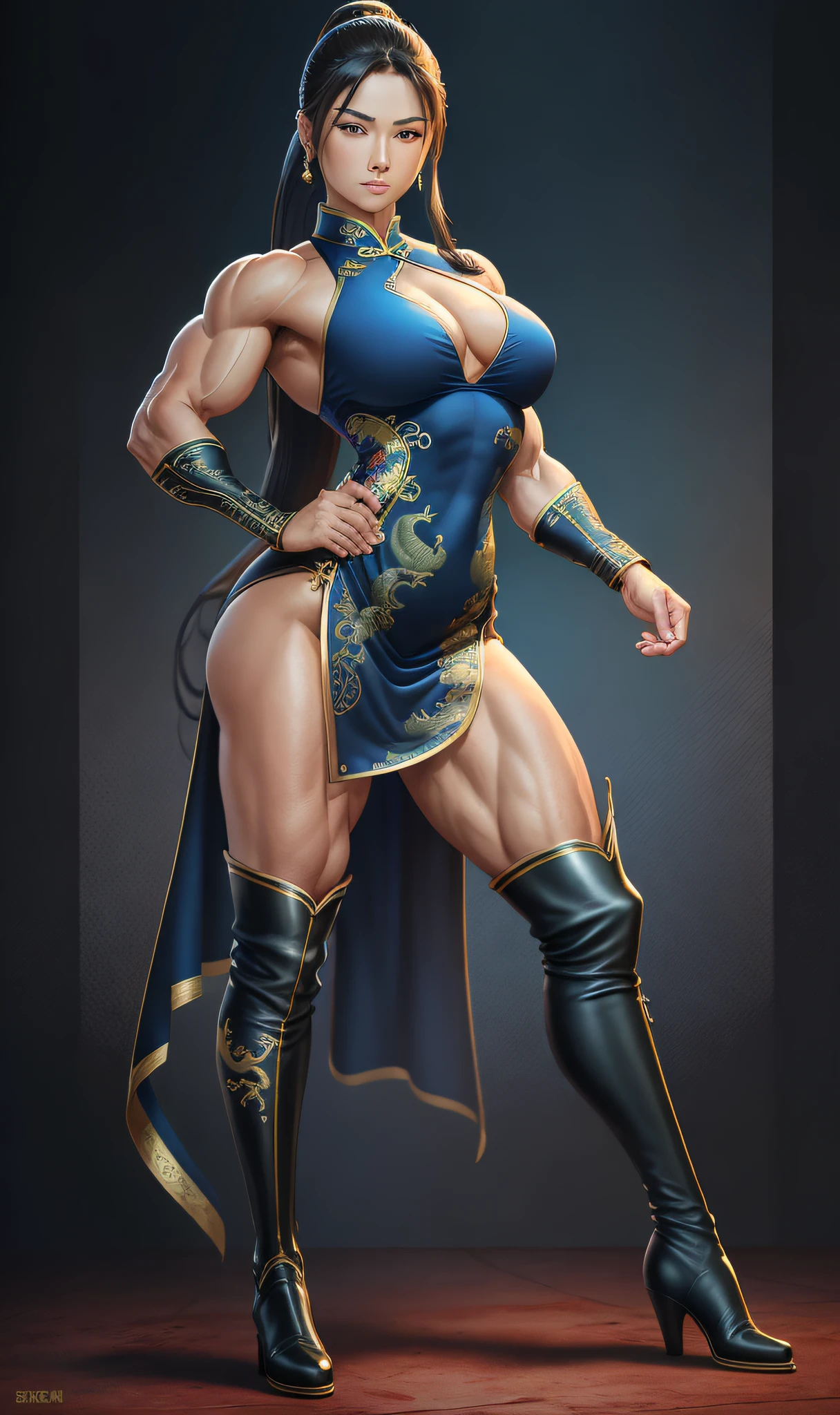 Detailed face, neat face, sexy expression, 8 K, HQ, art station, full body, 8 life, tall, long legs, ponytail, black hair, model standing, right hand on hip, qi-pao, blue long cheongsam, long length, dragon pattern, gold embroidery (cheongsam only), blue cheongsam, sleeveless, legs visible through slit, knee length long boots, black leather long boots, pin heel boots, muscular woman, raised muscles, raised muscles, muscular thick neck, split abs, blood vessels protruding on arms, blood vessels protruding on thighs, model photo session, flaunting muscles, showing off monstrous power, muscular!! , muscles that float in boots