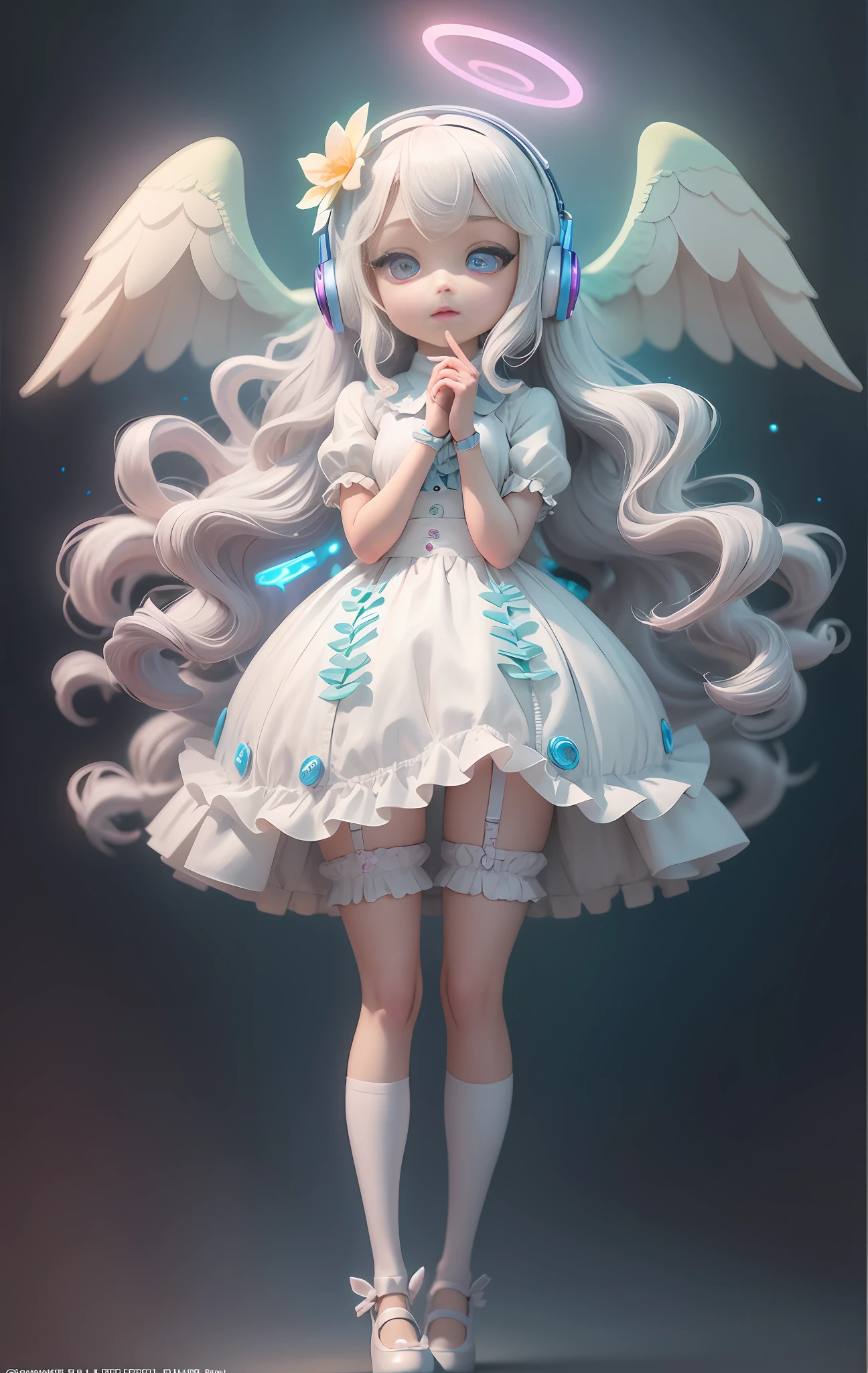Masterpiece, Best Quality, Official Art, 8k Wallpaper, Very Detailed, Illustration, 1 Girl, White Hair, Beautiful Eyes, Wearing Headphones, Stockings Pattern, Super Cute Girl Full Body 3D Drawing, Good Looking Eyes, Big Eyes, Cute, Happy, C4D, Pop Matt Blind Box, Glow Bubble, Toys, Solid Color Background, Chibi, Fluorescent Translucency, Glow Body, Kawaii, Doll, Pop Mart Blind Box, Pixar, Intricate Details, 3D Rendering, Blender, OC Renderer ,fol body reference sheet,dribble,high details,8k,studio lighting,loli,petite,child,chibi ,
