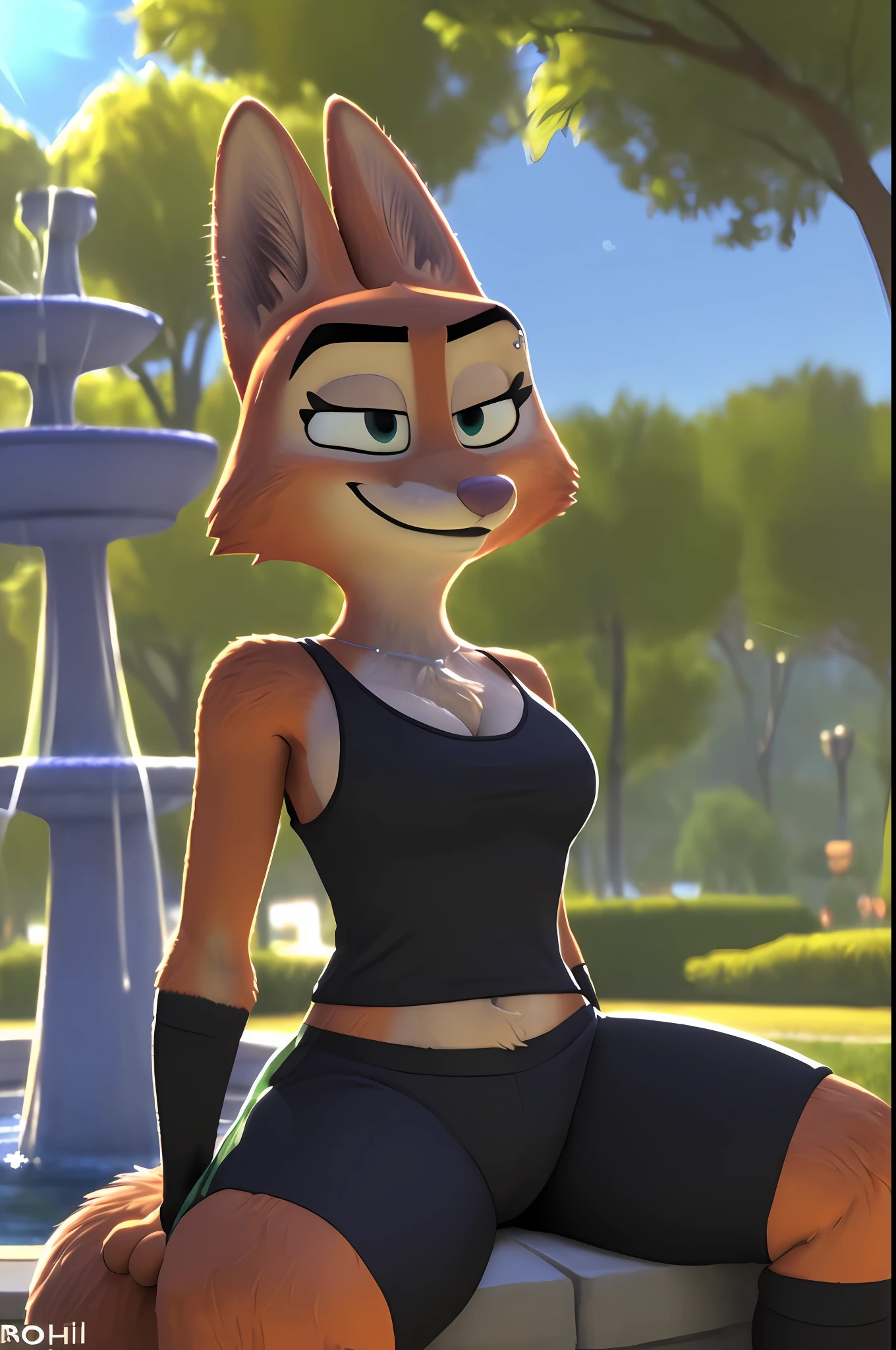 [Diane Foxington from Dreamworks The Bad Guys], [Uploaded to e621.net; (Foxovh), (Pixelsketcher)], ((masterpiece)), ((solo portrait)), ((furry; antrho fox girl)), ((detailed fur)), ((raytracing)), ((detailed shading)), ((beautiful 3D art)), {anthro fox; (orange fur, pink nose, pointed ears), clear brown eyes, happy smirk, (black tank top, small boobs, red jogging shorts), (eye piercing; LEFT eye, camel toe, (beautiful feet; foot sleeves, toeless socks)}, (sitting; spreading legs, attractive pose), [background; park; (trees, fountain, sun rays through leaves)]