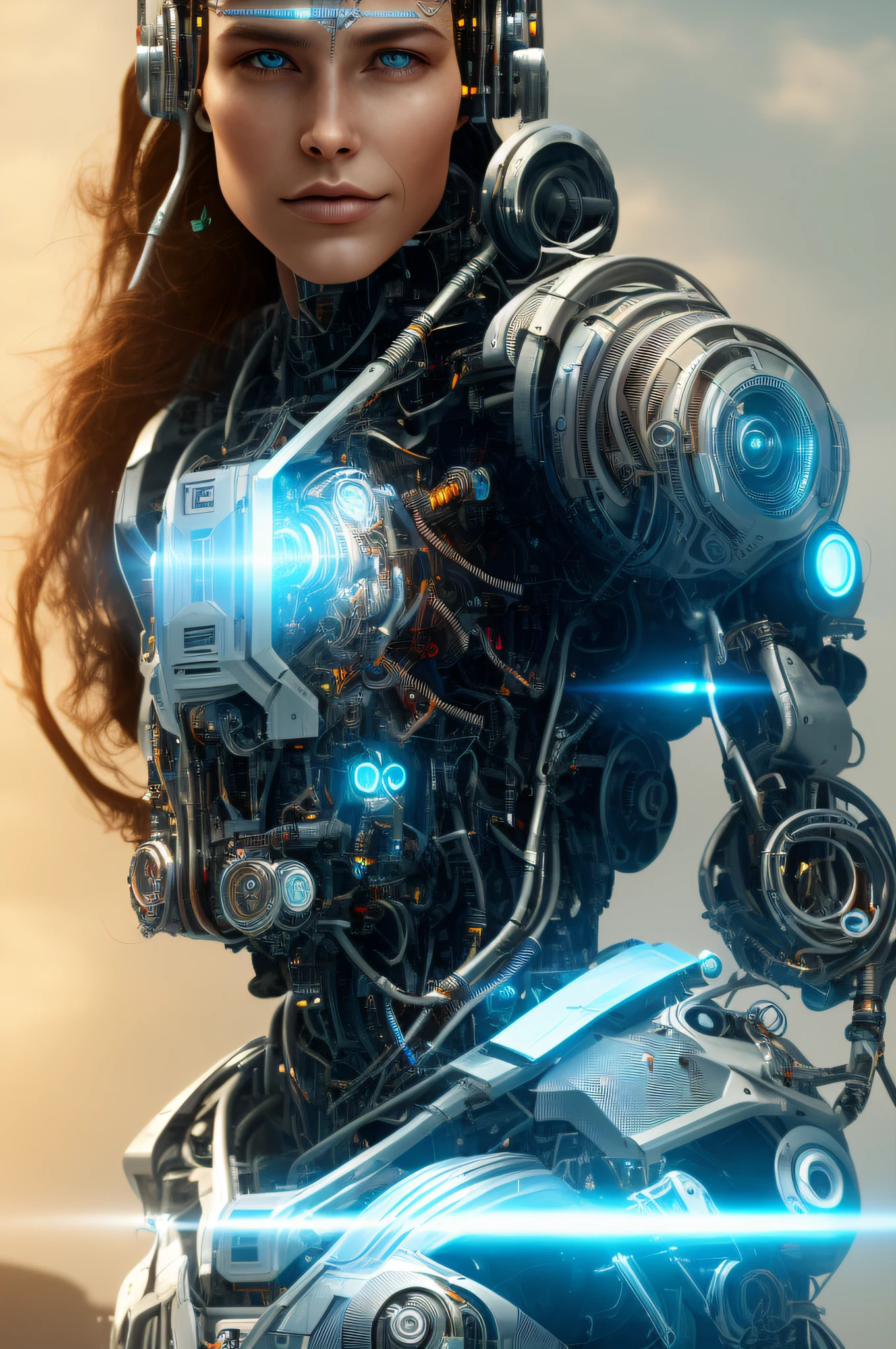 full body cyborg| full-length portrait| detailed face| symmetric| steampunk| cyberpunk| cyborg| intricate detailed| to scale| hyperrealistic| cinematic lighting| digital art| concept art| mdjrny-v4 style