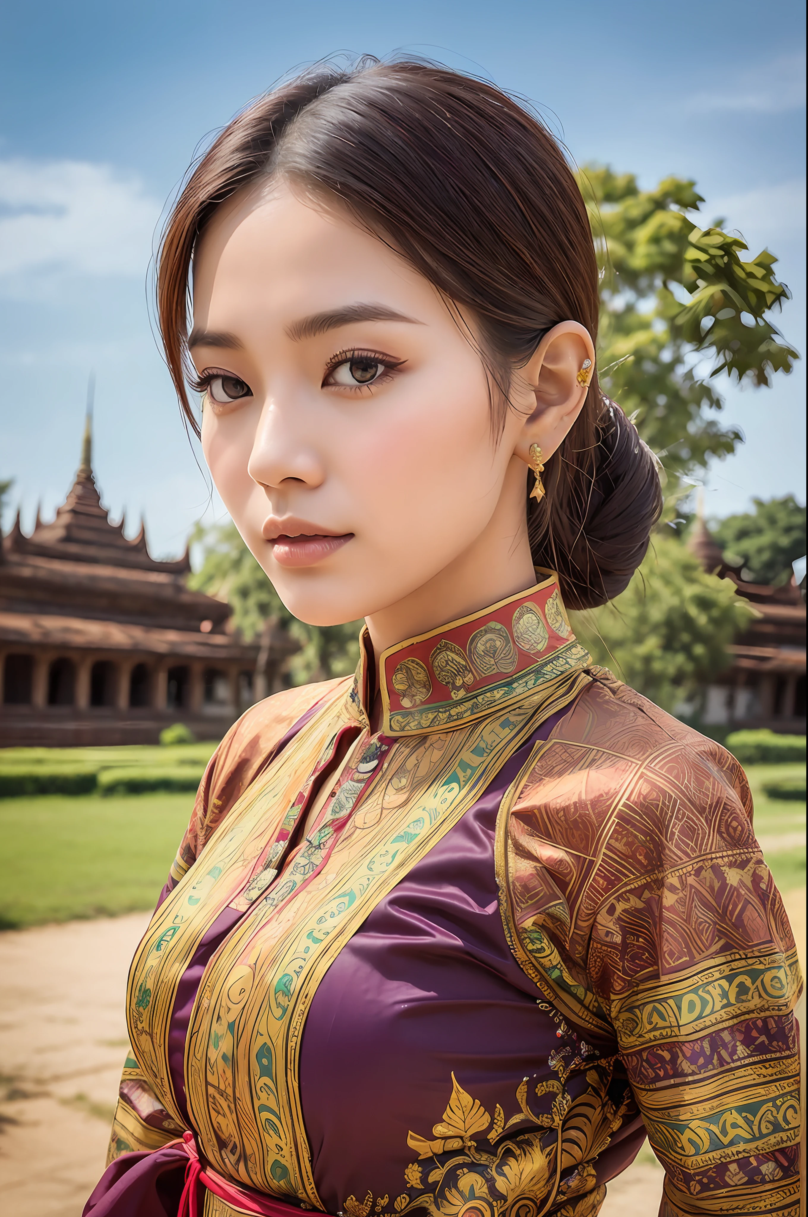 (best quality, masterpiece:1.2), A Woman, Portrait, outdoor, Burmese traditional dress, Bagan, Pagodas background, Myanmar