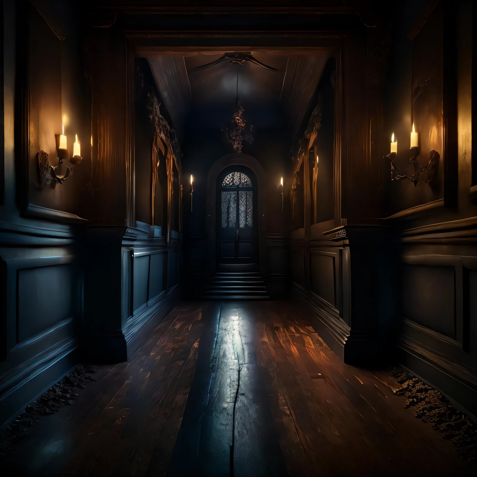 masterpiece, best quality, 8k, highres, absurdres, realistic, real life, photography, ray tracing, perfect lighting, , ultra realistic, scary dark hallway, film grain, horror \(theme\), wooden floor, candlelight, dark, dusty, abandoned, peeling off wallpaper,