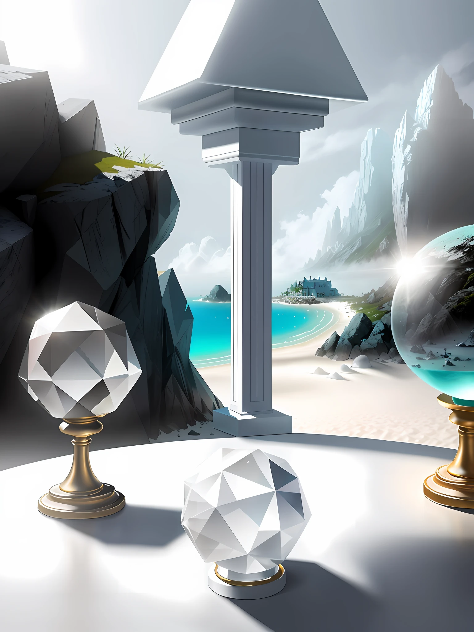 fog, artistic, fantastic, hyper-realism, 16K high resolution, Unreal Engine, soft light, (white beach and beach house trapped in crystal spheres: 1.4), (best sharp focus: 1.4), (crystal spheres with one pedestal placed on the table: 1.3), backlit,