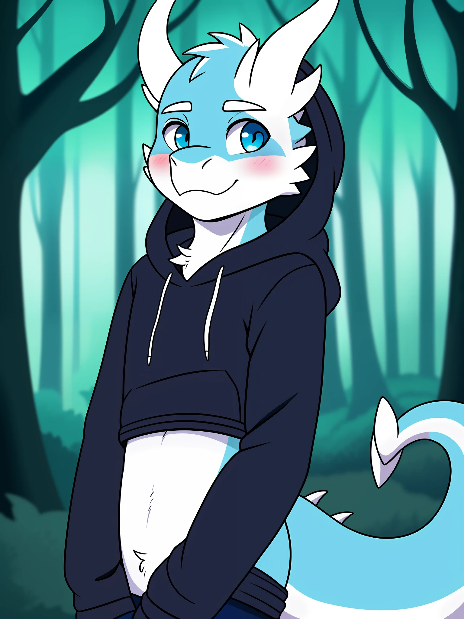 Dragon, femboy, sky blue eyes, multicolored scales, blue scales, white scales, white horns, wearing a hoodie, in a enchanted forest, solo,