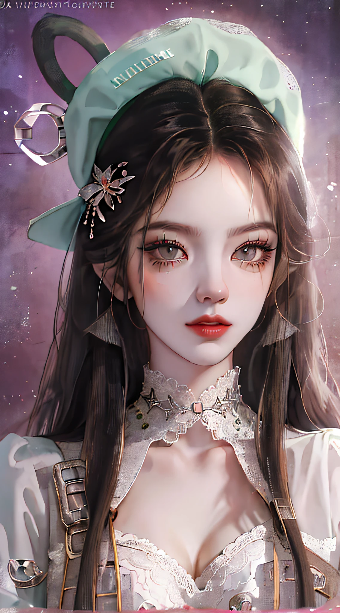 Sexy costume, long hair, long low neckline, nurse hat, eyeballs, big eyes, cat ears, makeup, surrealism, surrealism, contemporary art, realism, image fill, silhouette, chiaroscuro, first-person perspective, f/1.8, UHD, masterpiece, 16k, 8k --auto --s2