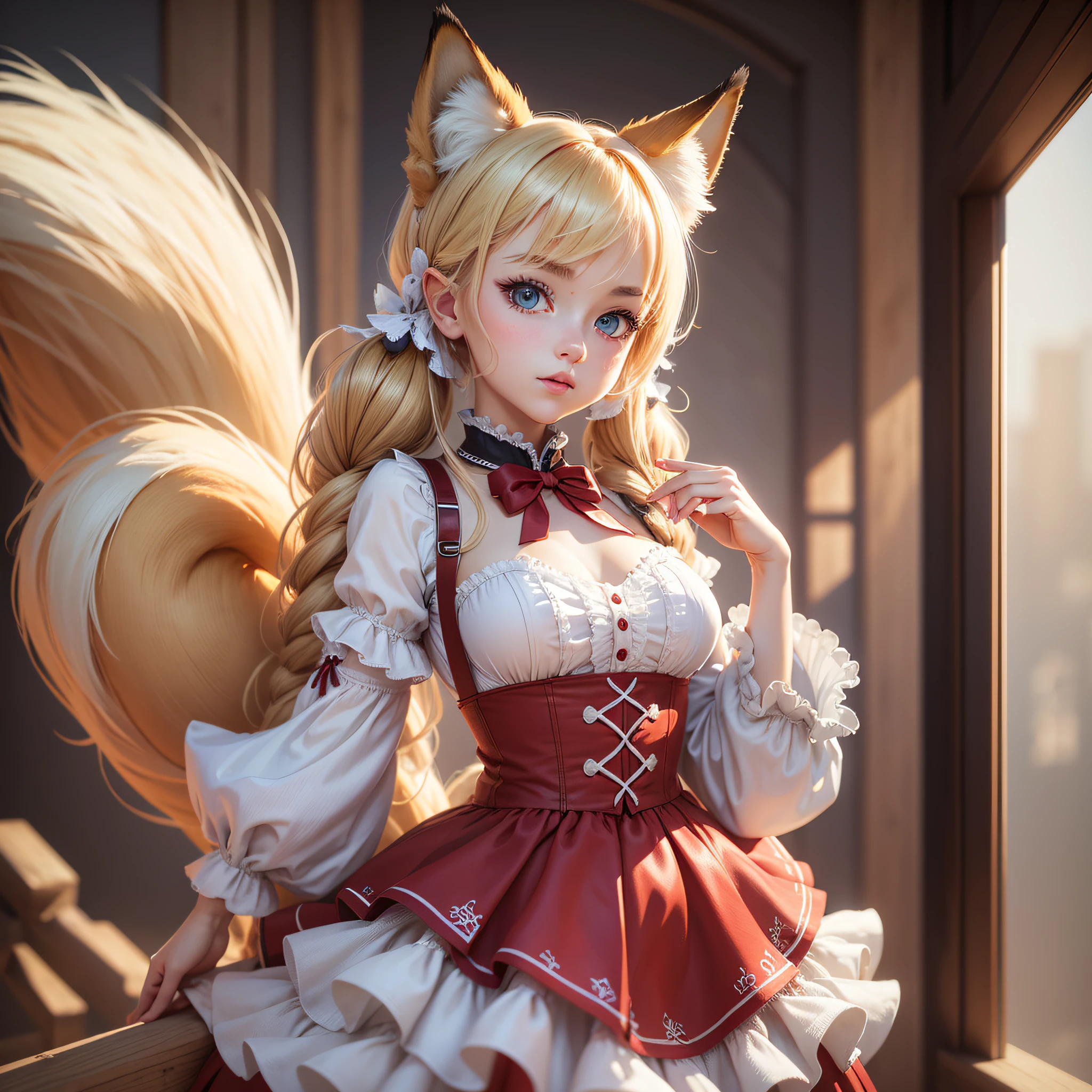 (8k, RAW photo, highest quality, masterpiece: 1.2), (realistic, photorealistic: 1.37), one girl, (idol), (charm: 1), beautiful girl, diandre, cute, professional lighting, photon mapping, radiosity, physically based rendering, blonde twintails, fox ears, left and right different eye colors, ta, national costume, fox tail, white and red clothes, small breasts, masterpieces, top quality, --auto --s2