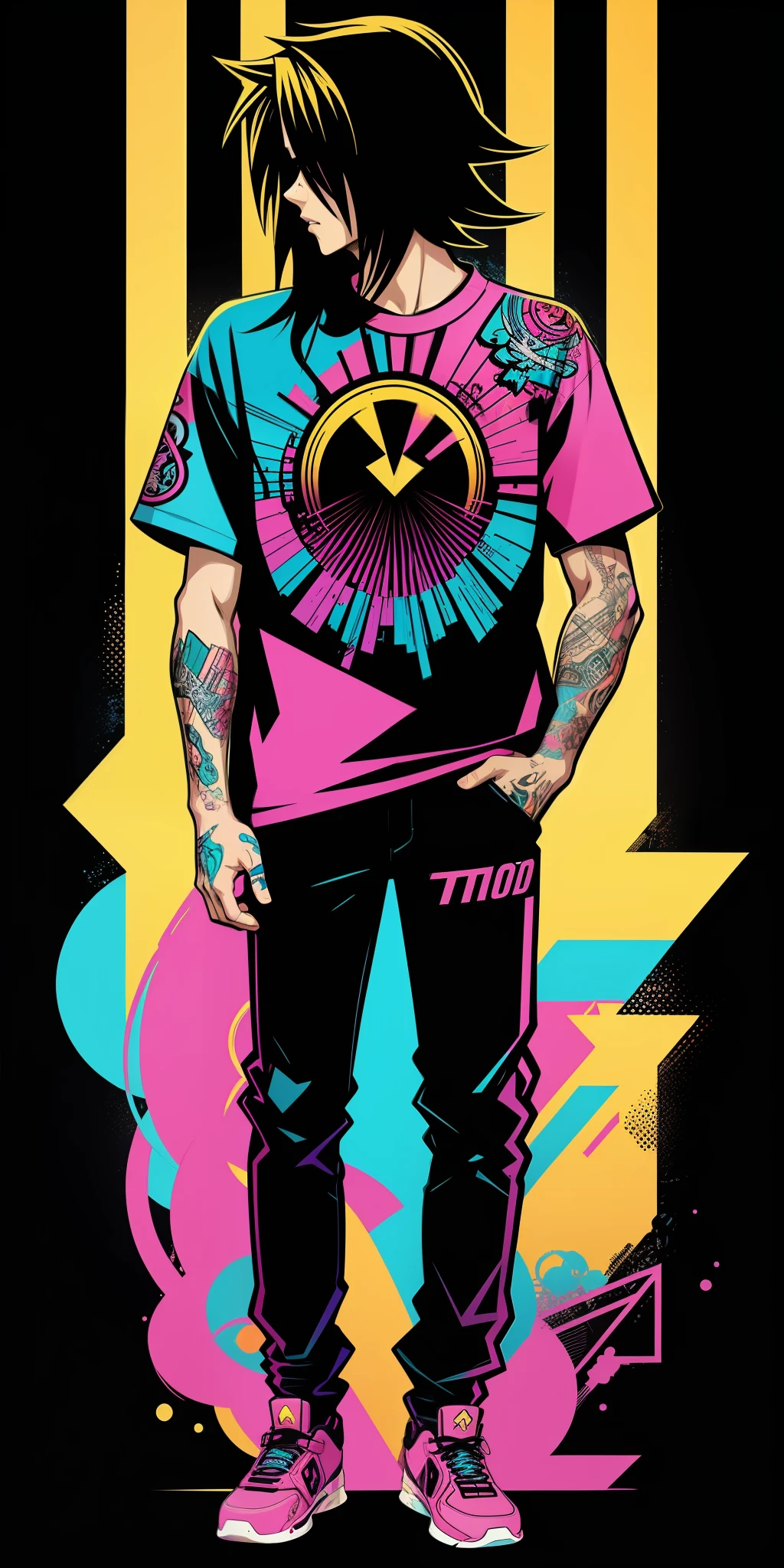 Retrowave abstract design,sticker,Full body shot ,anime style, Trigger Studio style, manga art, comics, inking, graffiti art, graphic, neon colors, golden ratio composition, design for tshirt
