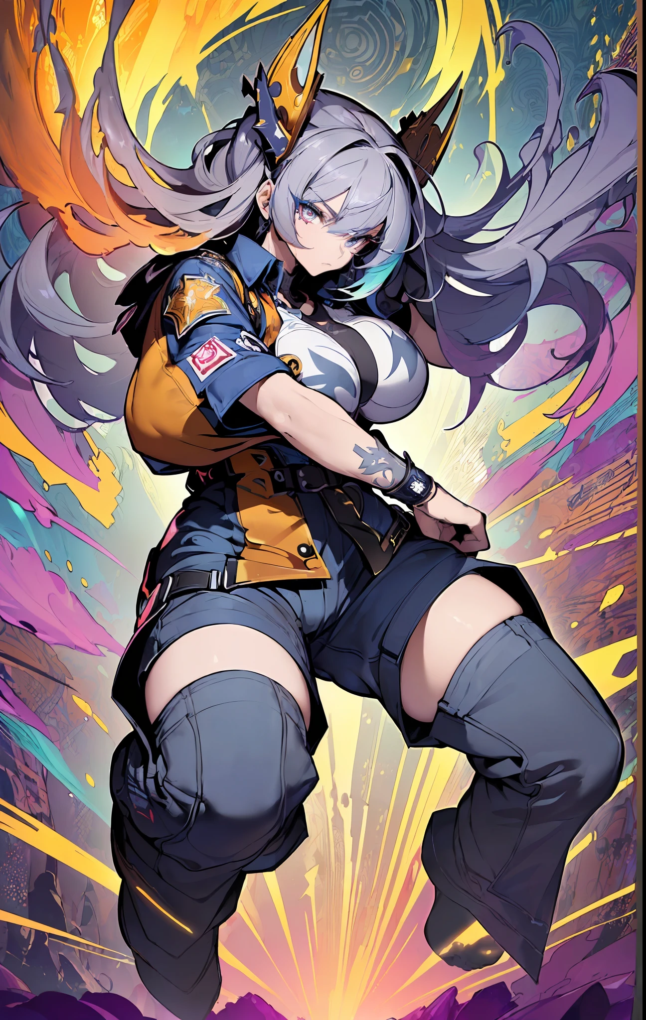 ((((spectacular))) ((heroic)) (((intense))),background, mixed-language_text, Japanese letters in graffit ,girls, excellent lighting, sidelighting, (), vhsKeeper,, style GUILTY GEAR -STRIVE perfect ultimate (flat color: 1.3), (magazine_cover: 1.4), (multicolored_background: 1.3), striped_background, card_background, :: comix style by joe madureira :: circular pieces of white metals glued to the arms coming out shimmering yellow glow, big ?????? , perfect and detailed,  ultra detailed shirt with abstract design and with Japanese letter print in graphite of the sides of the clothing, image of full-body girls fighting next to you with powerful dragons versus alien creature full of tentacles, with immersive effects, hover effect, background style graffiti tribal tattoo with vibrant colors "HDR ultra" detailed and with focus effect,  (masterpiece: 1.2, best quality), (beautiful eyes finely detailed: 1.2), , ((Solo)), (Finely detailed eyes and detailed face :1.3), in various full-body attack poses, (cute background: 1.2),futuristic costume, Super detailed circular metals Grabbed at arms and pants, fantastic paintings, eyes absolutely, hyper detailed, highest resolution, perfect hands, beautiful face, perfect mouth, beautiful eyes,  vibrant colors, night, digital art of the highest quality, stunning art, 4k,8k,64k wallpaper, HD, unparalleled masterpiece, dynamic lighting, cinematic, epic