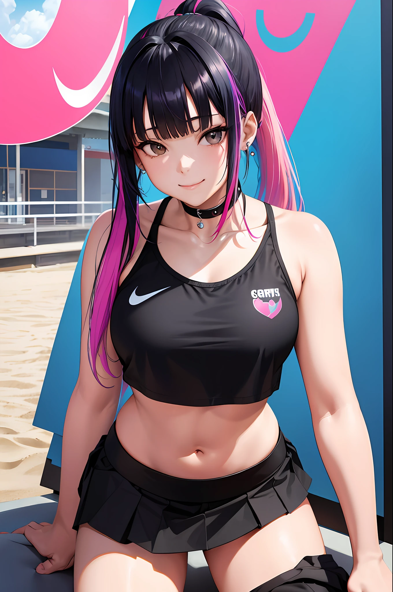 ponytail, nike, piercing woman, piercing, smile, colorful hair, black bikini, shorts, blunt bangs, (black skirt), 1girl,solo, flashy hair, photorealistic, high resolution, 1 girl, golden and pink and light blue hair, colorful hair color, korean, beach, wharf, cowboy shot, yes yes, on all fours