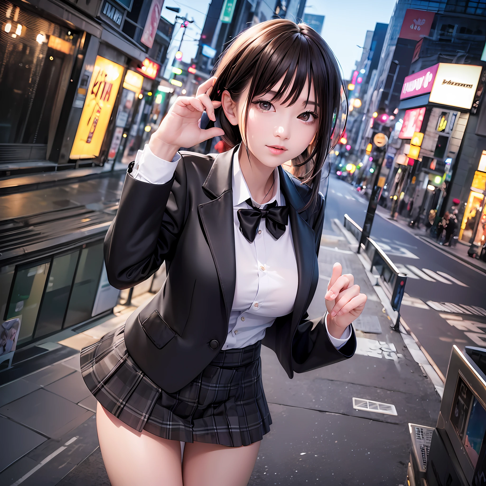 best quality, masterpiece, 1girl, Beautiful face, (photo realistic:1.3), rim lighting, (high detailed skin:1.2), 8k uhd, dslr, high quality, high resolution, 4k, 8k, Bokeh,  absurdres, best ratio four finger and one thumb, (realistic:1.3), ulzzang, cute kawaii 1girl, wearing black formal blazer, medium breasts, short skirt, --auto --s2