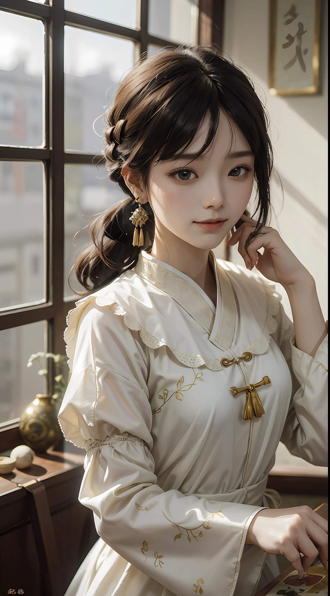 (best-quality:0.8), (best-quality:0.8), 完美的动漫插画，极度特写的美女穿城而过 身材丰满 Chinese beauty, beautiful and delicate face, loose
Han clothing, Chinese long sleeves, yellow and
white, fluttering silk, delicate round earrings,
classical atmosphere, pale skin, smile, ethereal and
dreamy, comfortable atmosphere, Song Dynasty
artist Zhao Ji style, image It imitates the famous
painting Ruihe, yellow and white, the feeling of calm
and tranquility, Chinese meticulous painting --ar3:4
--5 150
--niji 5 --style expressive