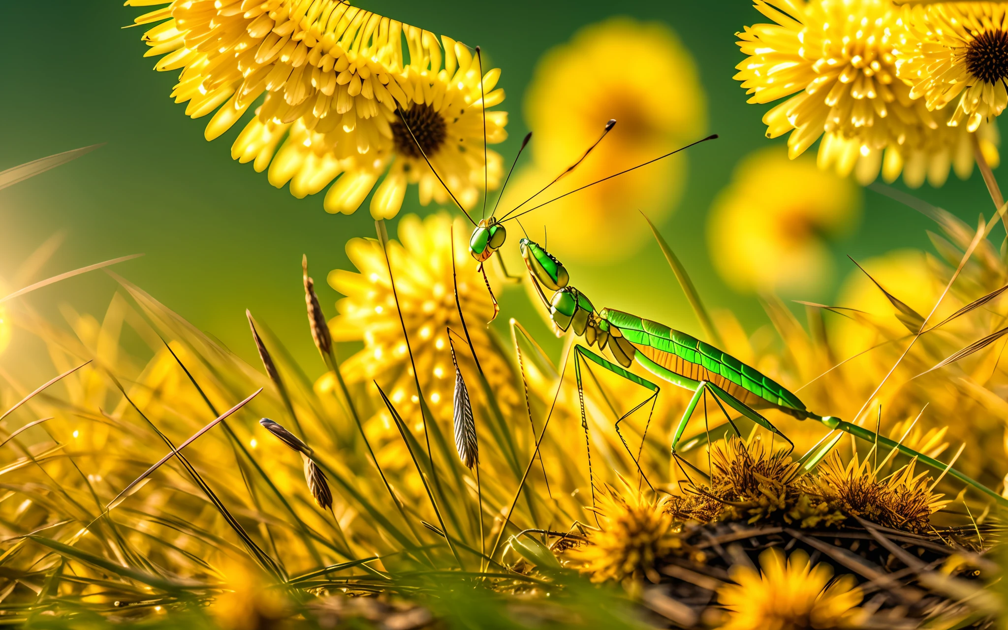 natural green mantis on yellow grass with fire in the background under a yellow sky --auto --s2