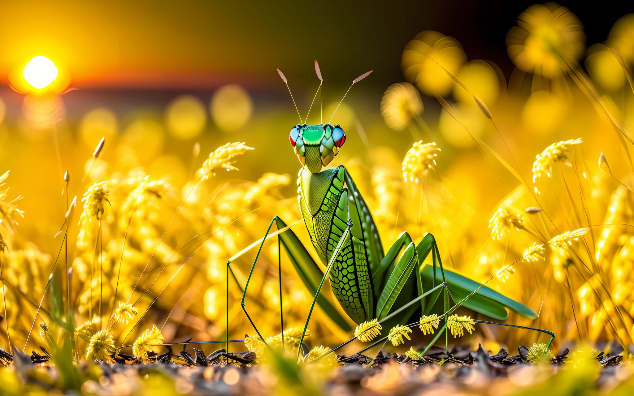 natural green mantis on yellow grass with fire in the background under a yellow sky --auto --s2