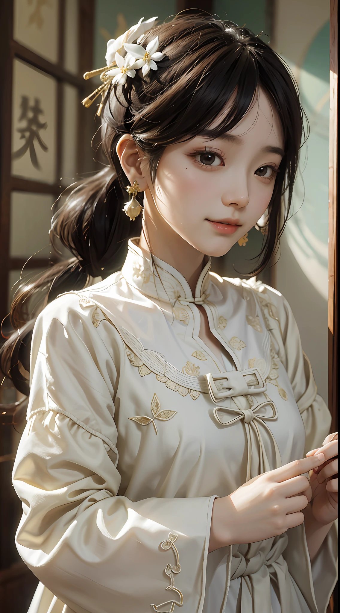 (best-quality:0.8), (best-quality:0.8), 完美的动漫插画,极度特写的美女穿城而过 身材丰满 Chinese beauty, beautiful and delicate face, loose
Han clothing, Chinese long sleeves, yellow and
white, fluttering silk, delicate round earrings,
classical atmosphere, pale skin, smile, ethereal and
dreamy, comfortable atmosphere, Song Dynasty
artist Zhao Ji style, image It imitates the famous
painting Ruihe, yellow and white, the feeling of calm
and tranquility, Chinese meticulous painting --ar3:4
--5 150
--niji 5 --style expressive