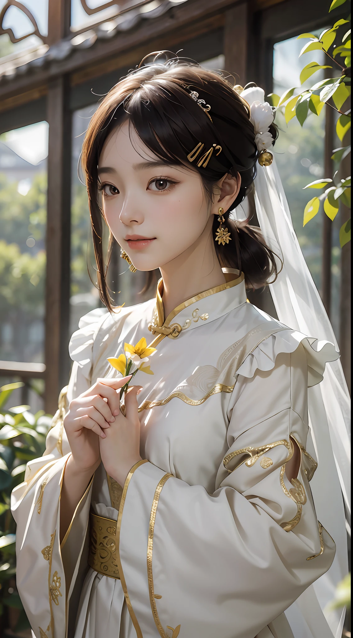 (best-quality:0.8), (best-quality:0.8), 完美的动漫插画，极度特写的美女穿城而过 身材丰满 Chinese beauty, beautiful and delicate face, loose
Han clothing, Chinese long sleeves, yellow and
white, fluttering silk, delicate round earrings,
classical atmosphere, pale skin, smile, ethereal and
dreamy, comfortable atmosphere, Song Dynasty
artist Zhao Ji style, image It imitates the famous
painting Ruihe, yellow and white, the feeling of calm
and tranquility, Chinese meticulous painting --ar3:4
--5 150
--niji 5 --style expressive