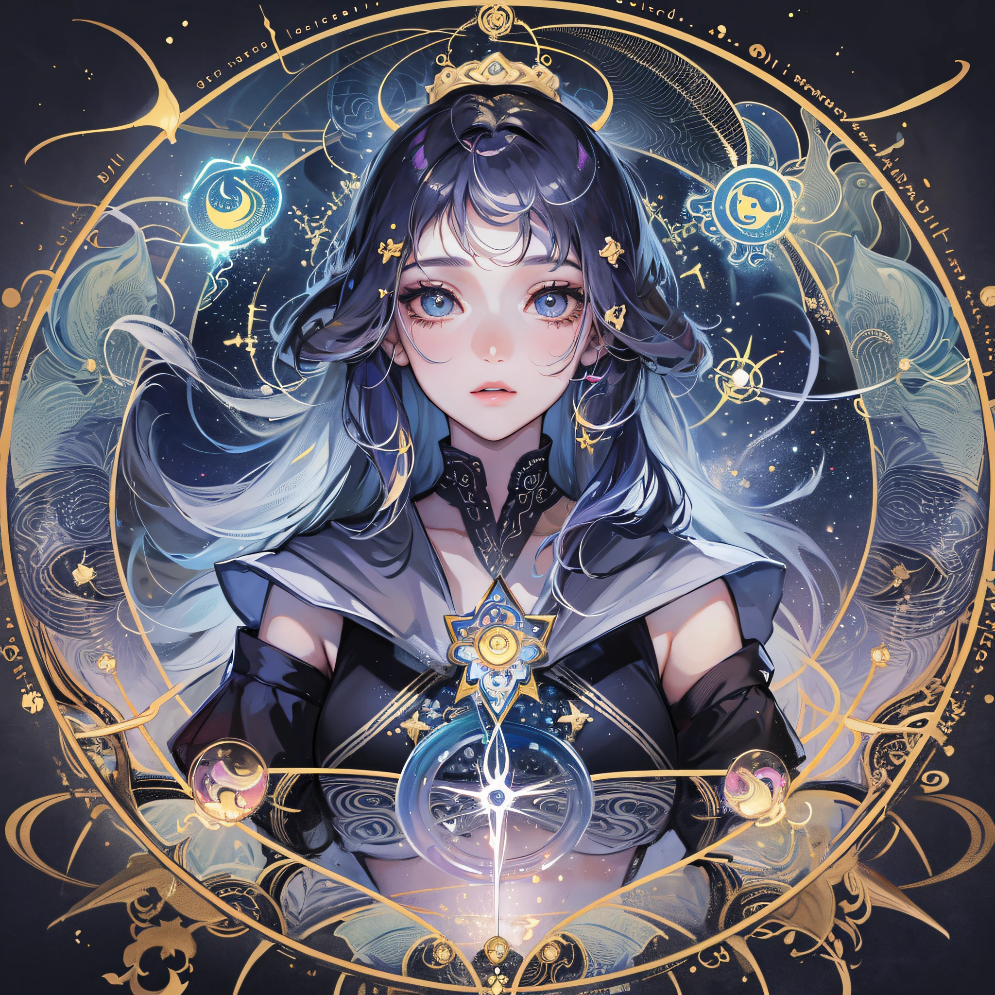 portrait of a girl in the center in the style of a mantra of love, around a star, an aura of different colors, esotericism, a mantra, a zodiac sign of Pisces --auto --s2