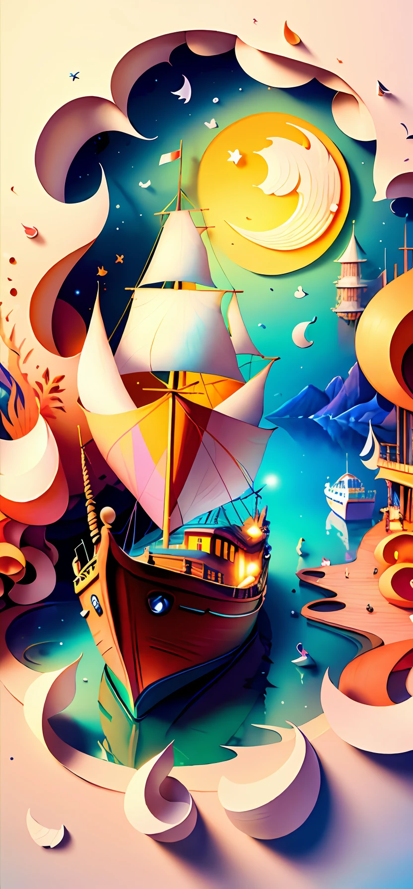 Softlight,(warm color:1.2),Water color painting,light background,best quality exquisite details,3d rendering,Octane render,pastel, Moon, boat, sea, storm,(paper_cut:1.15),