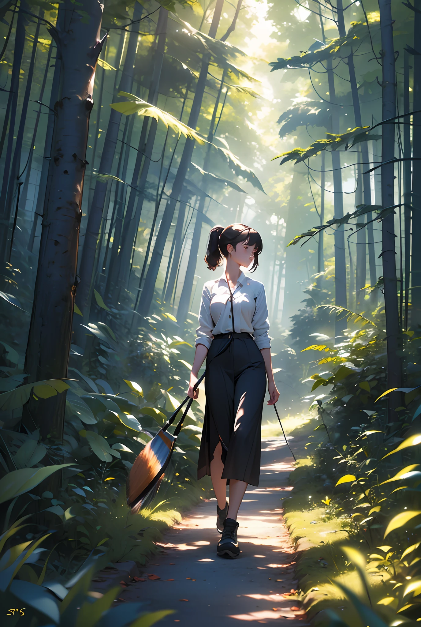 A girl, walking in the forest, the sun fell on her body, (masterpiece:1,2), best quality, masterpiece, highres, original, extremely detailed wallpaper, perfect lighting,(extremely detailed CG:1.2), drawing, paintbrush, looking at viewer, close-up, upper body, --auto --s2