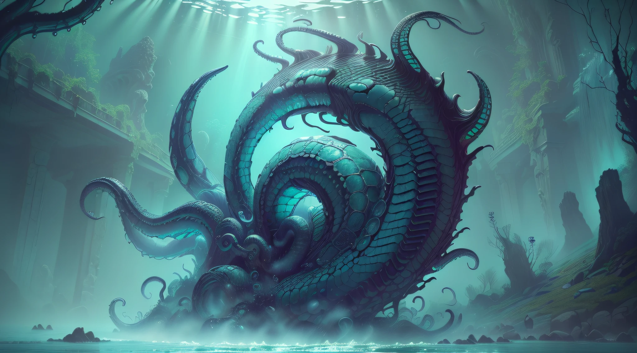 (oil art, 8k wallpaper, masterpiece, best quality, ultra-detailed), otherworldly beings, (Lovecraftian influences:1.3, Xenomorph: 1.2, serpentine water monster, underwater scene, tentacles, unsettling atmosphere, cosmic horror:1.4), dynamic pose, bright lighting, dark shadows.