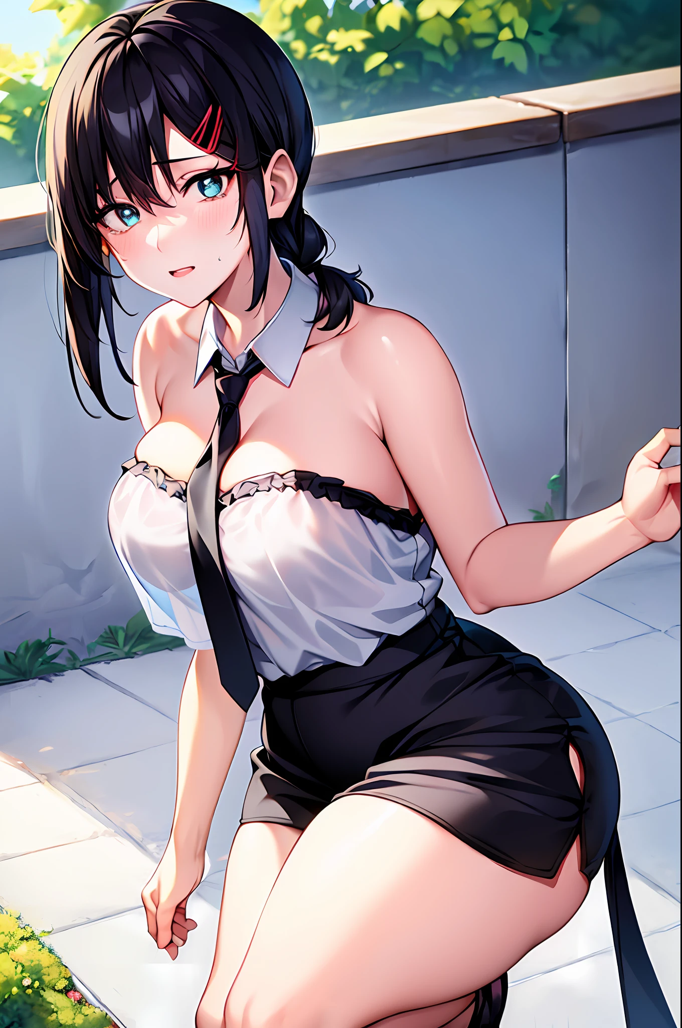 Best quality, super high resolution, (realism: 1.2), shiny skin, ulzzang-6500, (keboni)\(chainsaw man\), (black hair), yello_eyes, (white_shirt)+(tie) , braids, big breasts, wearing sheer strapless bra, see-through tight shorts, big breasts, plump buttocks, skinny girl, (facial closeup), cute, make-up, almost crying, (((soft light on face superior)))