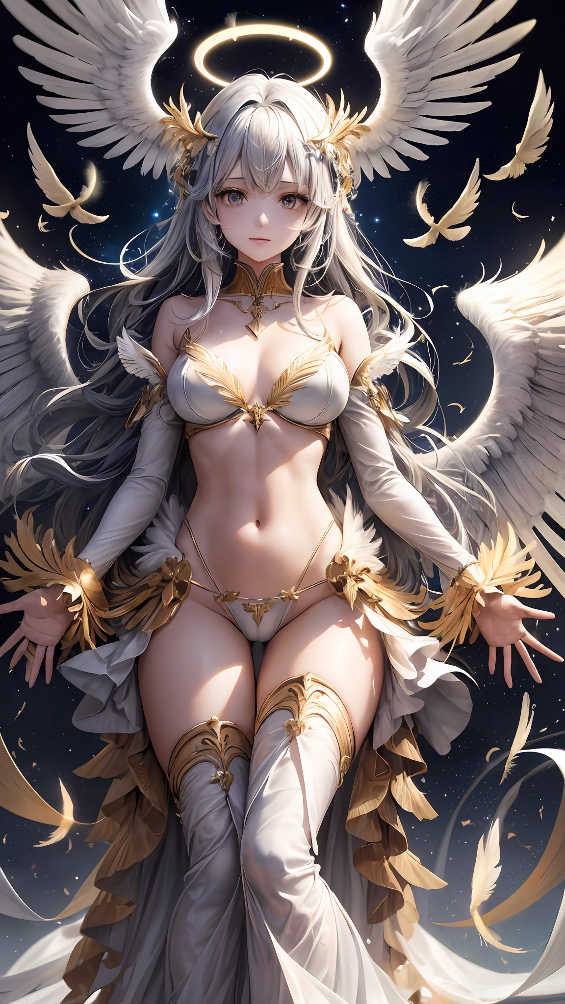 (angel, angel wings, halo, feathered wings, glowing wings, mechanical wings, multiple wings, spread wings, single wings, yellow wings) with a female predominant, with long hair, medium breasts, navel visible, pelvic curtains, white feathers, solo, white wings.