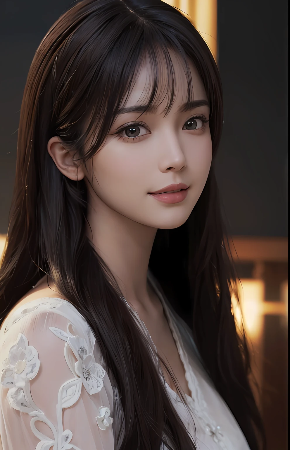 (Ultra Realistic), (Illustration), (Increased Resolution), (8K), (Extremely Detailed), (Best Illustration), (Beautiful and Detailed Eyes), (Best Quality), (Ultra Detailed), (Masterpiece ), ( wallpaper), (detailed face), solo, 1 girl, looking at viewer, fine details, detailed face, in the dark, deep shadows, low key, pureerosfaceace_v1, smiling, long hair, black shawl straight hair , 46 points oblique bangs