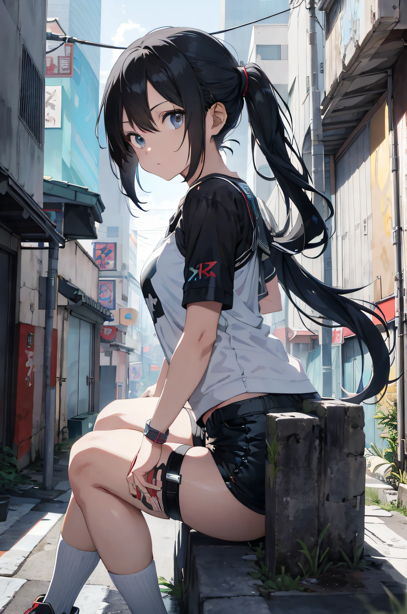Anime girl sitting on the wall in white top and black shorts, cyberpunk art inspired by Ross Draw, pixiv, graffiti, cyberpunk anime girl, anime style 4K, digital cyberpunk anime art, female cyberpunk anime girl, seductive anime girl, best anime 4K konachan wallpaper, cyberpunk 2077 ross draw, Ross Draw Digital Painting, 4K Anime Wallpaper
1