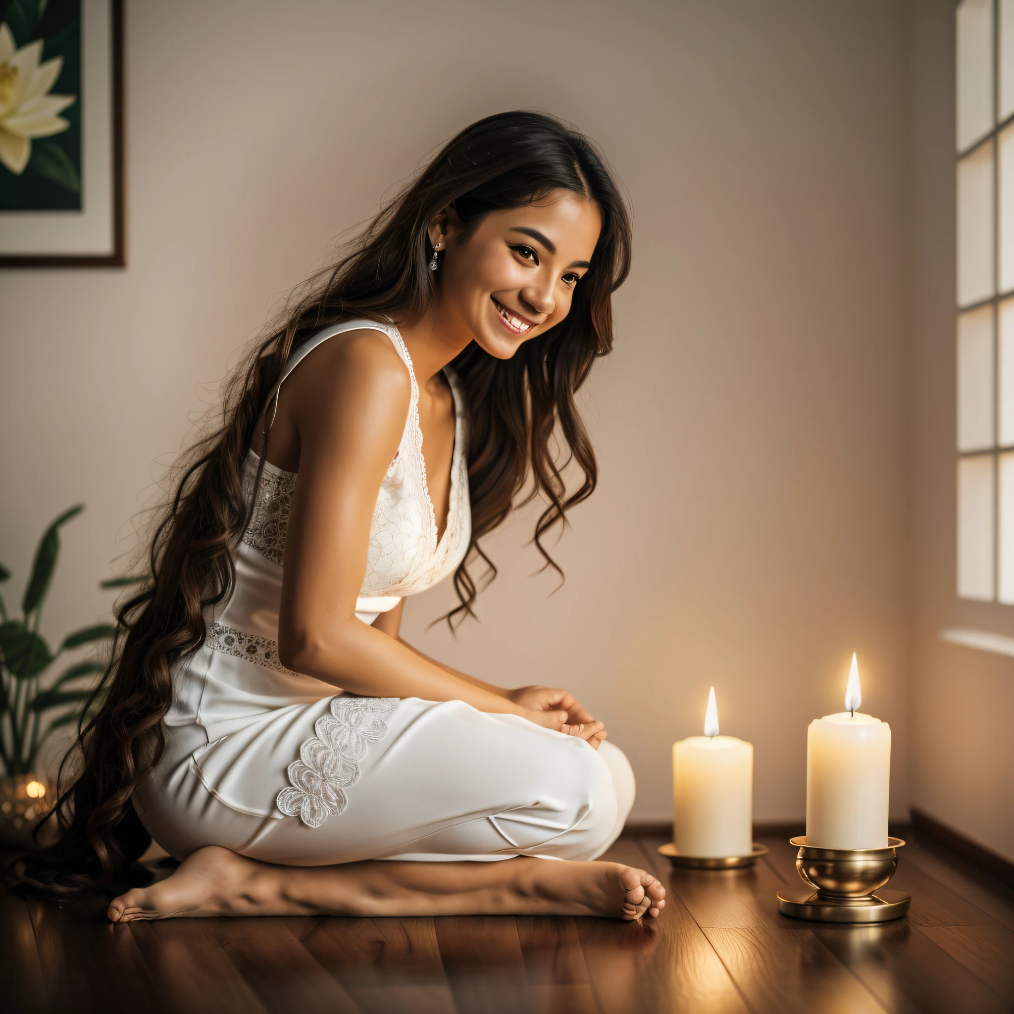 (RAW photo, best quality), (realistic, photo-realistic face of smiling Latina woman, detailed face, wearing white clothes: 1.3), extremely delicate and beautiful, amazing, fine detail, masterpiece, ultra-detailed, highres, (best illustration), (best shadow), intricate, 1girl, silhouette, profile,sitting in lotus flower position, sitting on a meditation mat in a cozy and bright room Candles are visible around you, symbolizing peace and relaxation. Flowers are in your hands, and in the background are nature paintings and quotes about positivity and inner well-being and prosperity, light particles, sharp focus, 8k UHD, DSLR, high quality, (film grain: 1.4), Fujifilm XT3, bokeh